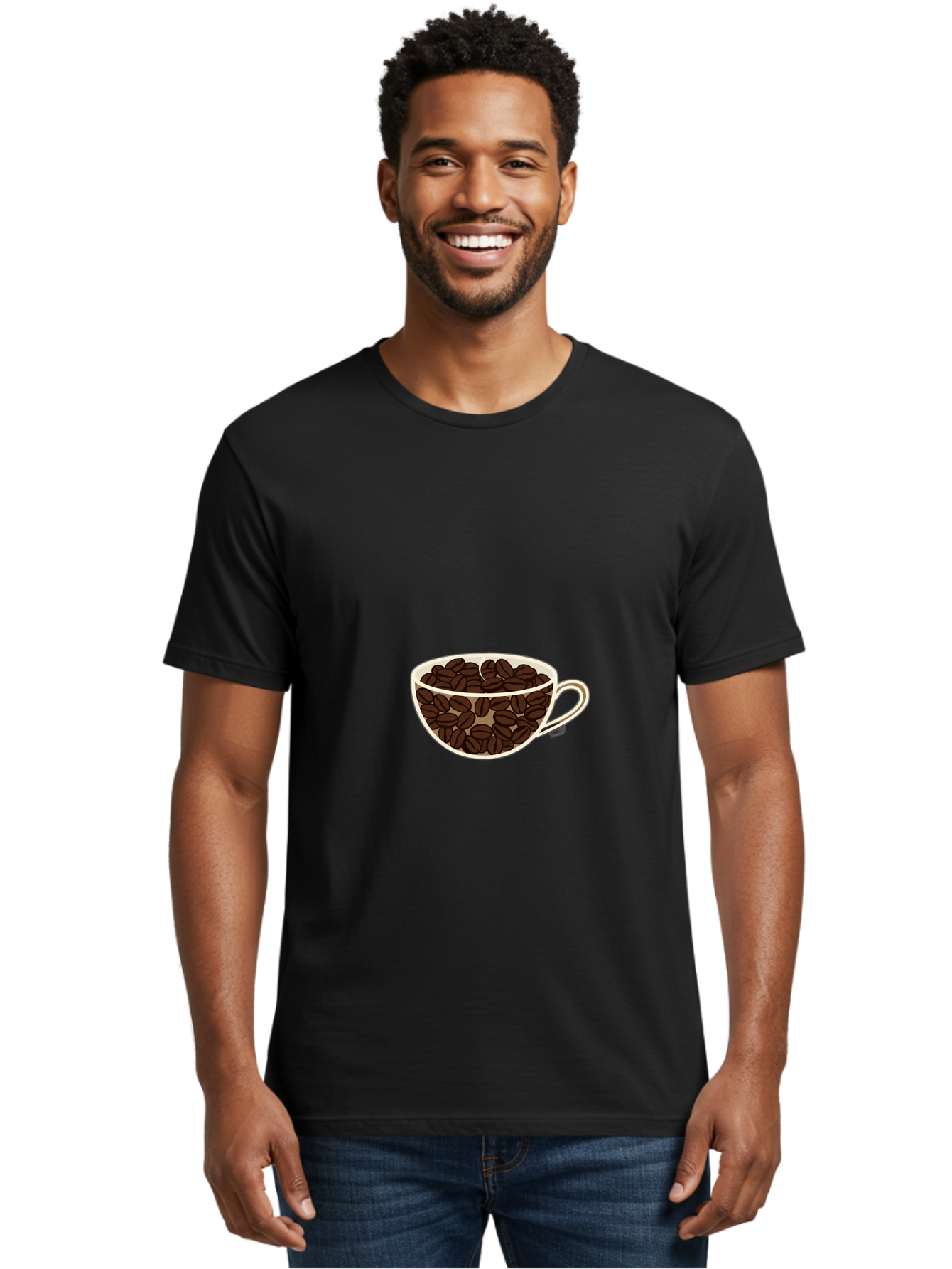 Coffee-Cup-4 Men'S Graphic Tee, 100% Cotton, Comfortable Casual Summer Wear, Machine Washable, Coffee Beans In A Cup, Coffee Cup, Coffee Beans, Brown Coffee Beans, White Porcelain Cup, Simple Design, Minimalistic Art, Coffee Illustration, Baa354 14
