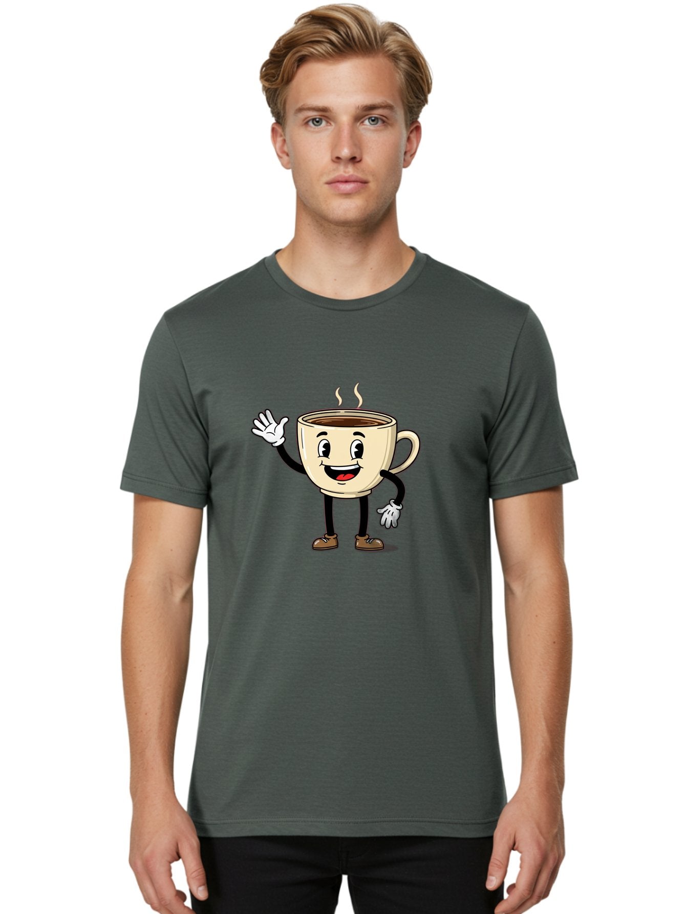 Coffee-Cup-Character-1 Men'S Graphic Tee, 100% Cotton, Comfortable Casual Summer Wear, Machine Washable, Smiling Coffee Cup, Cartoon Character, Steaming Hot Coffee, Waving Hand, Happy Face, Coffee Lover, Morning Pick-Me-Up, Caffeine Boost Baa360 21