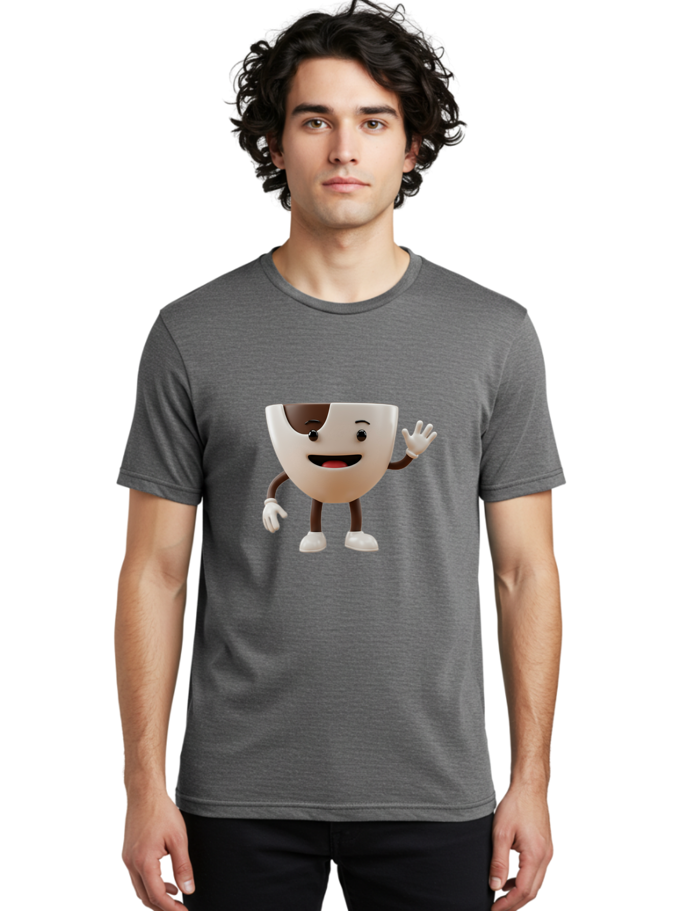 Coffee-Cup-Character-2 Men'S Graphic Tee, 100% Cotton, Comfortable Casual Summer Wear, Machine Washable, Cartoon Coffee Cup, Cute Character, Smiling Face, Waving Hand, Coffee Lover, Animated Mascot, Fun Design, Playful Illustration, Baa361 30