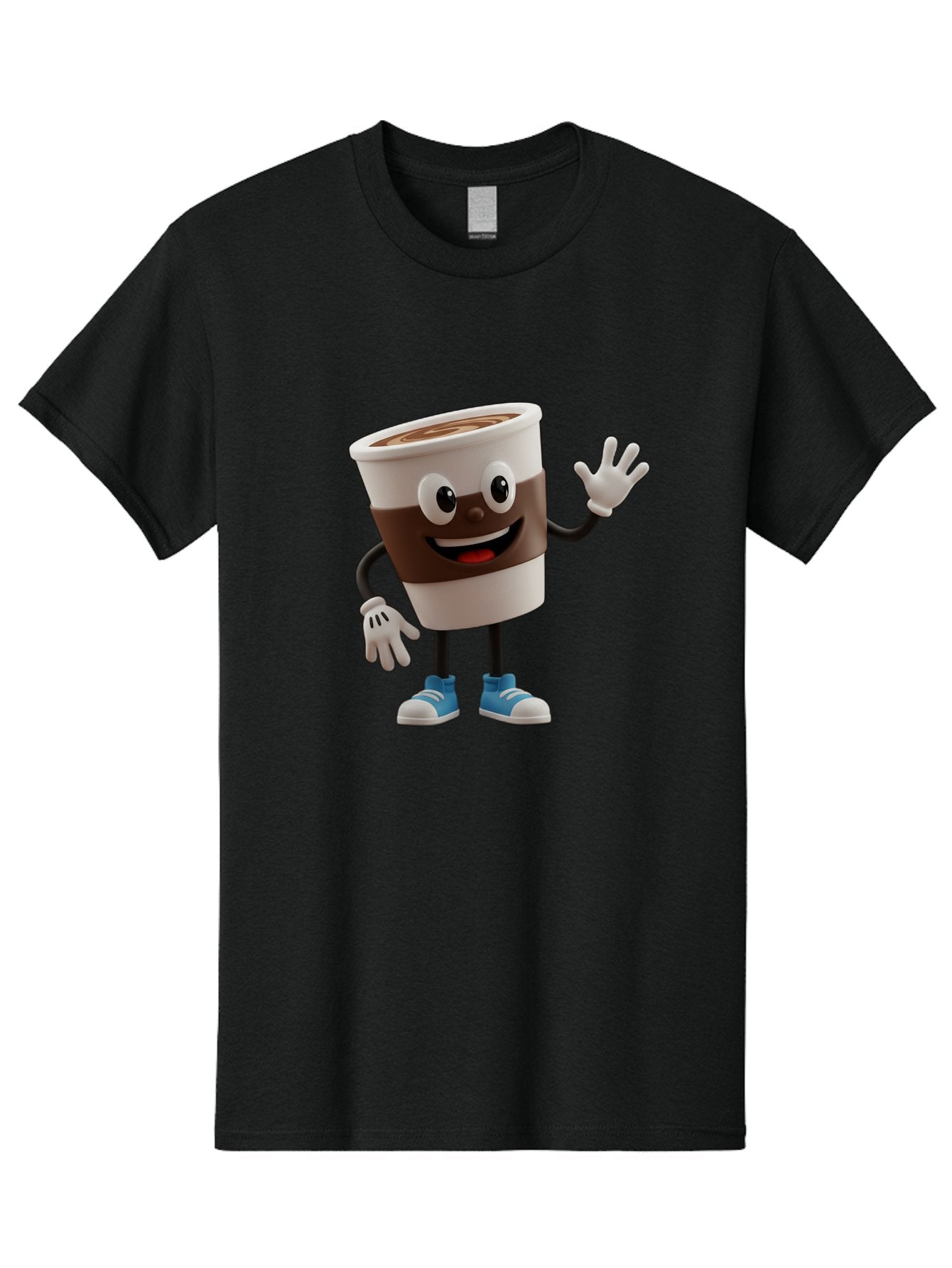 Coffee-Cup-Character Men'S Graphic Tee, 100% Cotton, Comfortable Casual Summer Wear, Machine Washable, Cartoon Coffee Cup, Happy Face, Waving Hand, Blue Sneakers, Coffee Lover, Morning Pick-Me-Up, Animated Beverage, Friendly Character, Baa362 6