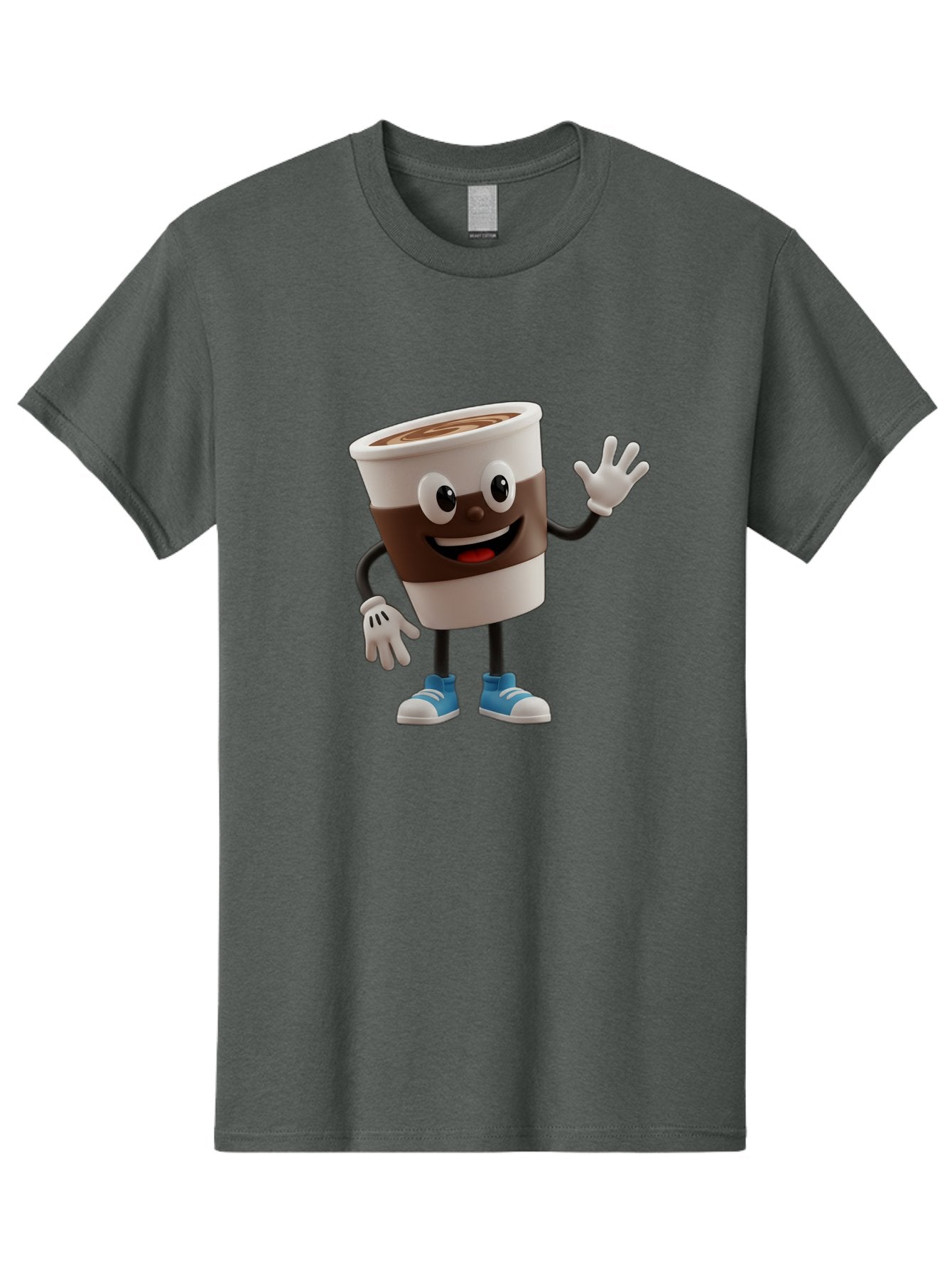 Coffee-Cup-Character Men'S Graphic Tee, 100% Cotton, Comfortable Casual Summer Wear, Machine Washable, Cartoon Coffee Cup, Happy Face, Waving Hand, Blue Sneakers, Coffee Lover, Morning Pick-Me-Up, Animated Beverage, Friendly Character, Baa362 13