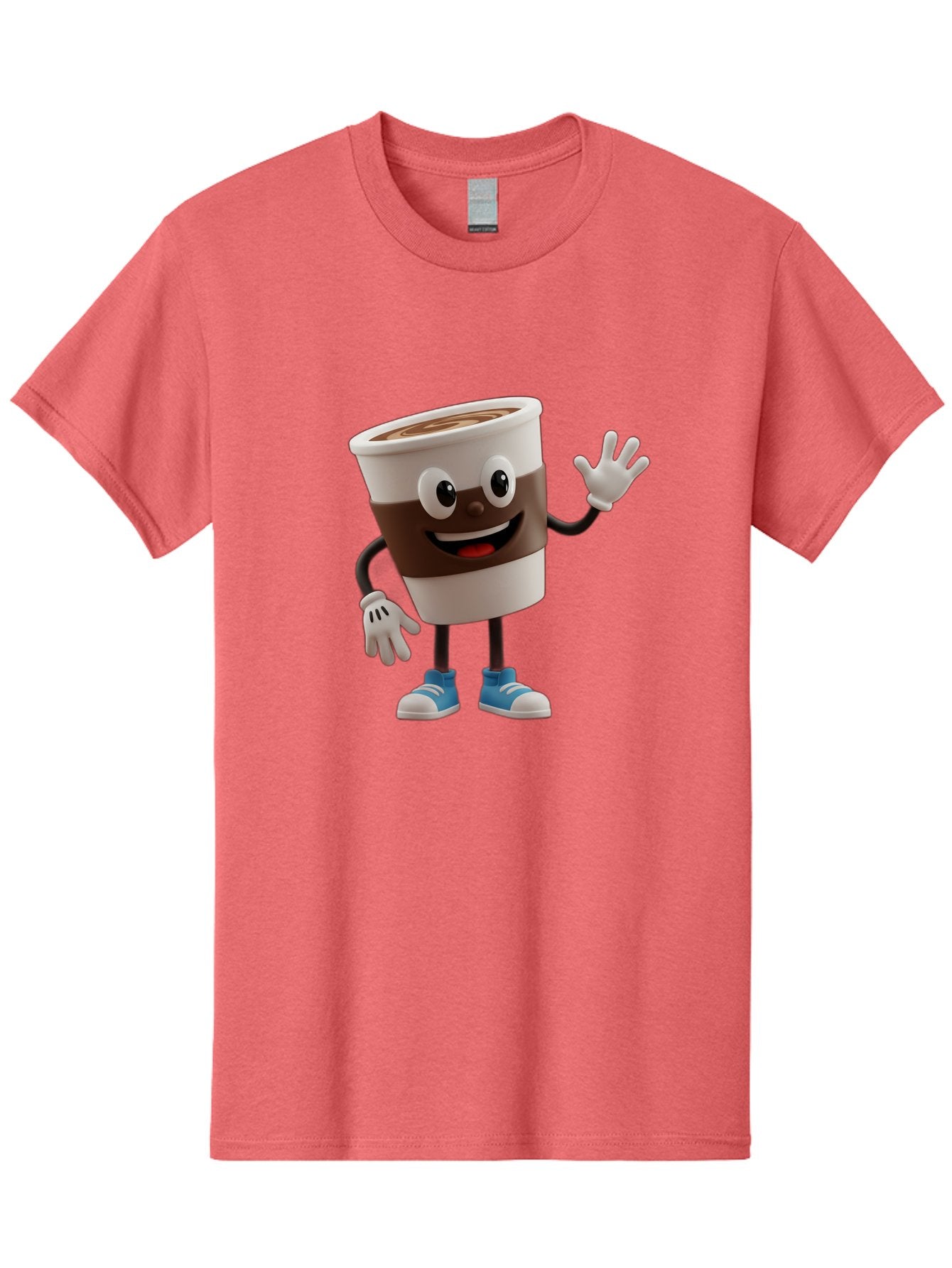 Coffee-Cup-Character Men'S Graphic Tee, 100% Cotton, Comfortable Casual Summer Wear, Machine Washable, Cartoon Coffee Cup, Happy Face, Waving Hand, Blue Sneakers, Coffee Lover, Morning Pick-Me-Up, Animated Beverage, Friendly Character, Baa362 5