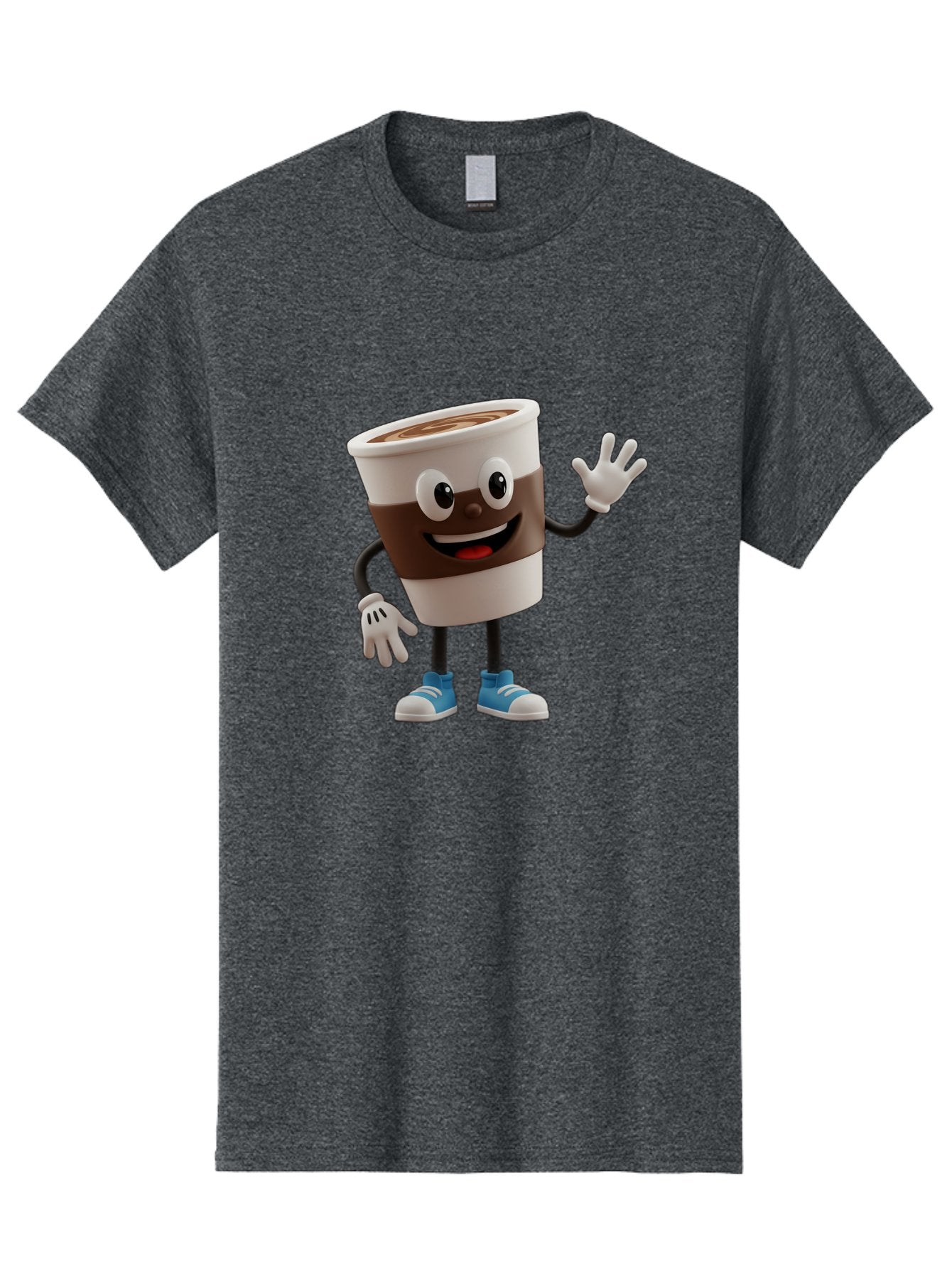 Coffee-Cup-Character Men'S Graphic Tee, 100% Cotton, Comfortable Casual Summer Wear, Machine Washable, Cartoon Coffee Cup, Happy Face, Waving Hand, Blue Sneakers, Coffee Lover, Morning Pick-Me-Up, Animated Beverage, Friendly Character, Baa362 10