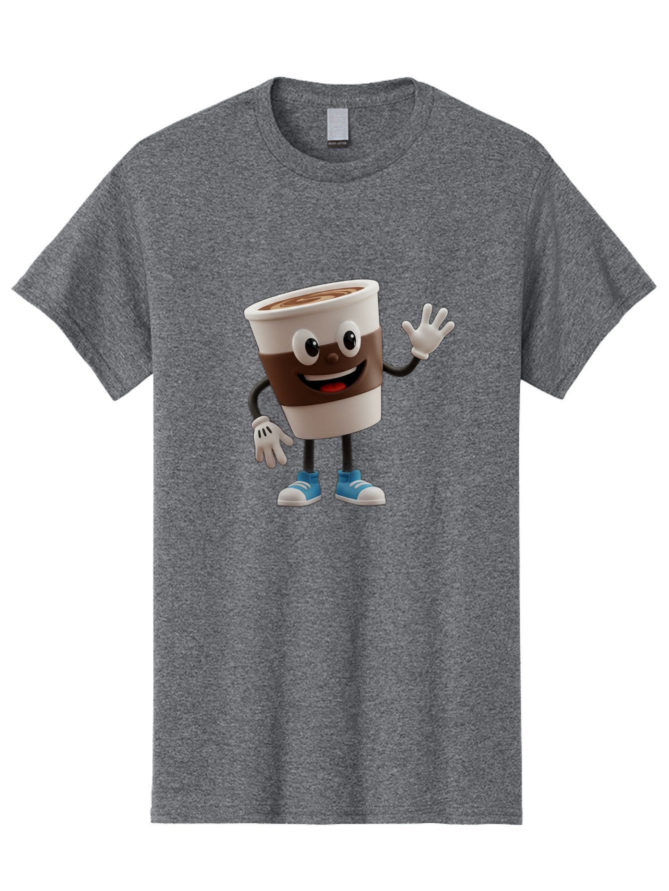 Coffee-Cup-Character Men'S Graphic Tee, 100% Cotton, Comfortable Casual Summer Wear, Machine Washable, Cartoon Coffee Cup, Happy Face, Waving Hand, Blue Sneakers, Coffee Lover, Morning Pick-Me-Up, Animated Beverage, Friendly Character, Baa362 7