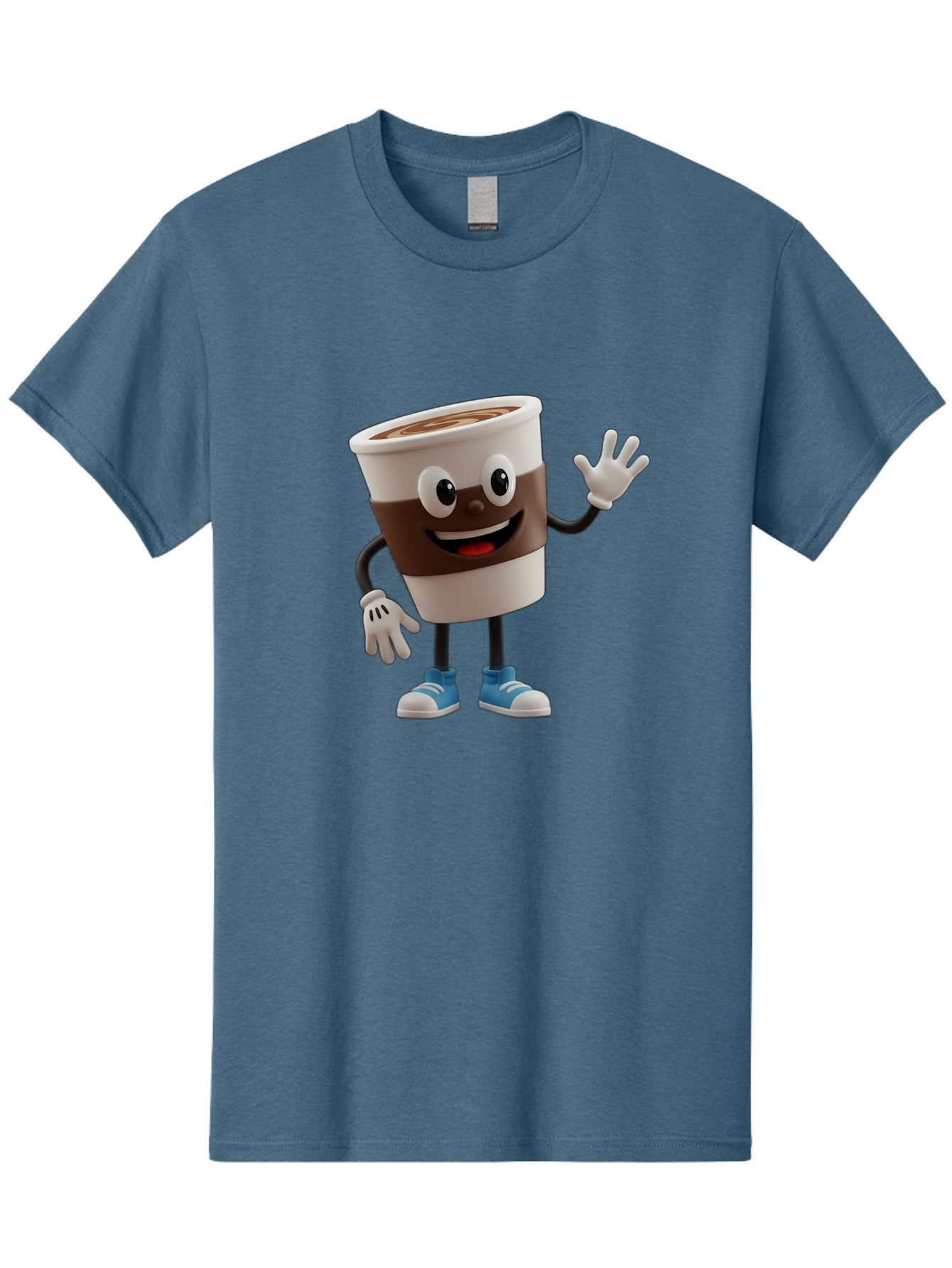 Coffee-Cup-Character Men'S Graphic Tee, 100% Cotton, Comfortable Casual Summer Wear, Machine Washable, Cartoon Coffee Cup, Happy Face, Waving Hand, Blue Sneakers, Coffee Lover, Morning Pick-Me-Up, Animated Beverage, Friendly Character, Baa362 14