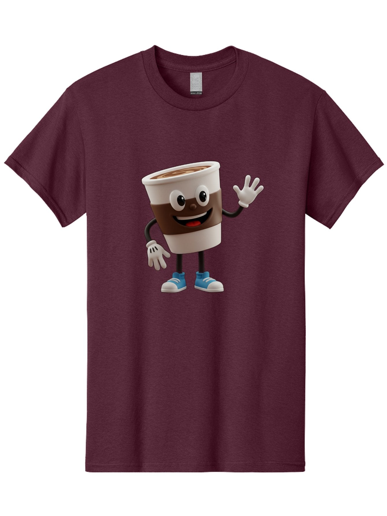 Coffee-Cup-Character Men'S Graphic Tee, 100% Cotton, Comfortable Casual Summer Wear, Machine Washable, Cartoon Coffee Cup, Happy Face, Waving Hand, Blue Sneakers, Coffee Lover, Morning Pick-Me-Up, Animated Beverage, Friendly Character, Baa362 9