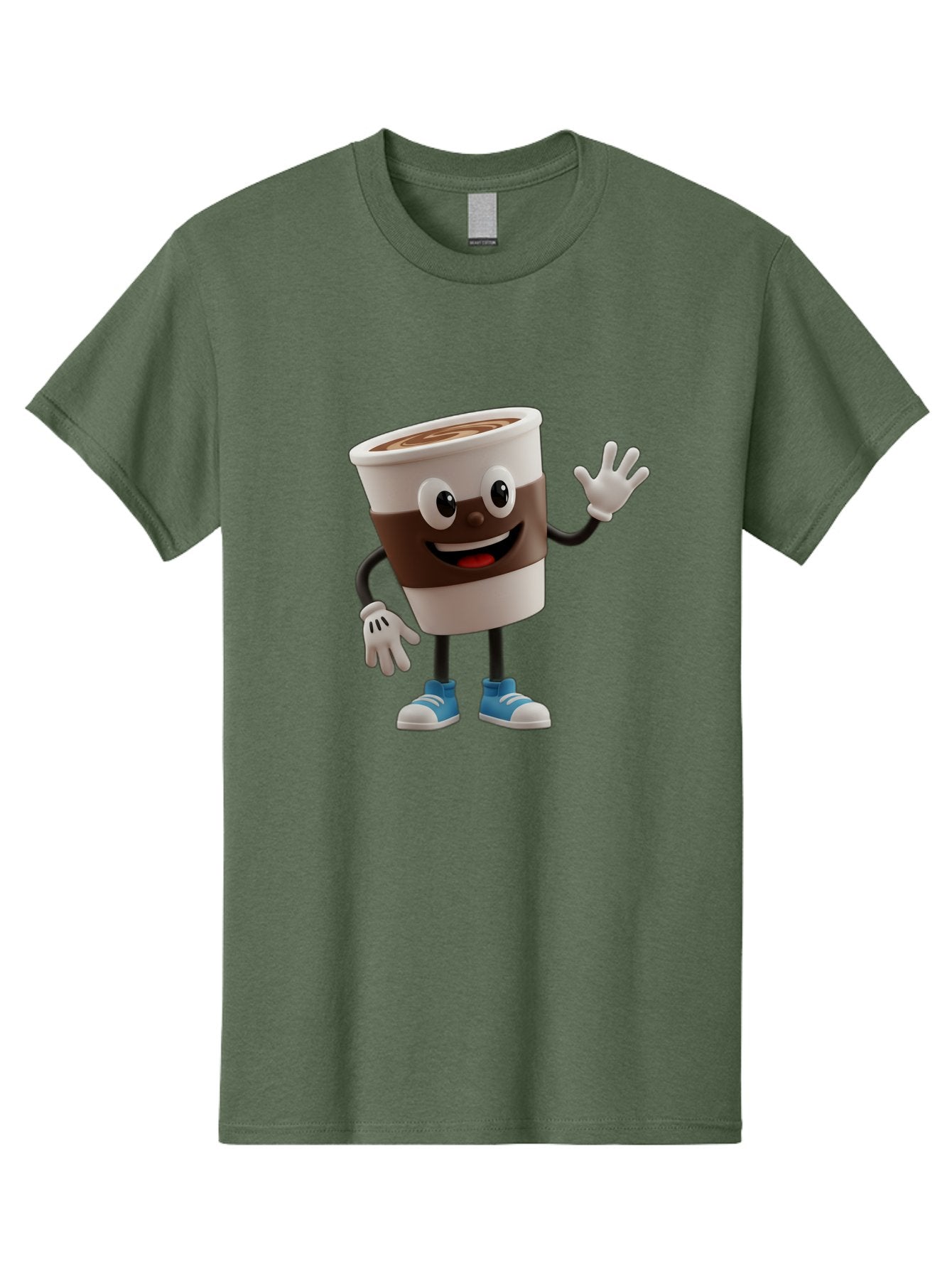 Coffee-Cup-Character Men'S Graphic Tee, 100% Cotton, Comfortable Casual Summer Wear, Machine Washable, Cartoon Coffee Cup, Happy Face, Waving Hand, Blue Sneakers, Coffee Lover, Morning Pick-Me-Up, Animated Beverage, Friendly Character, Baa362