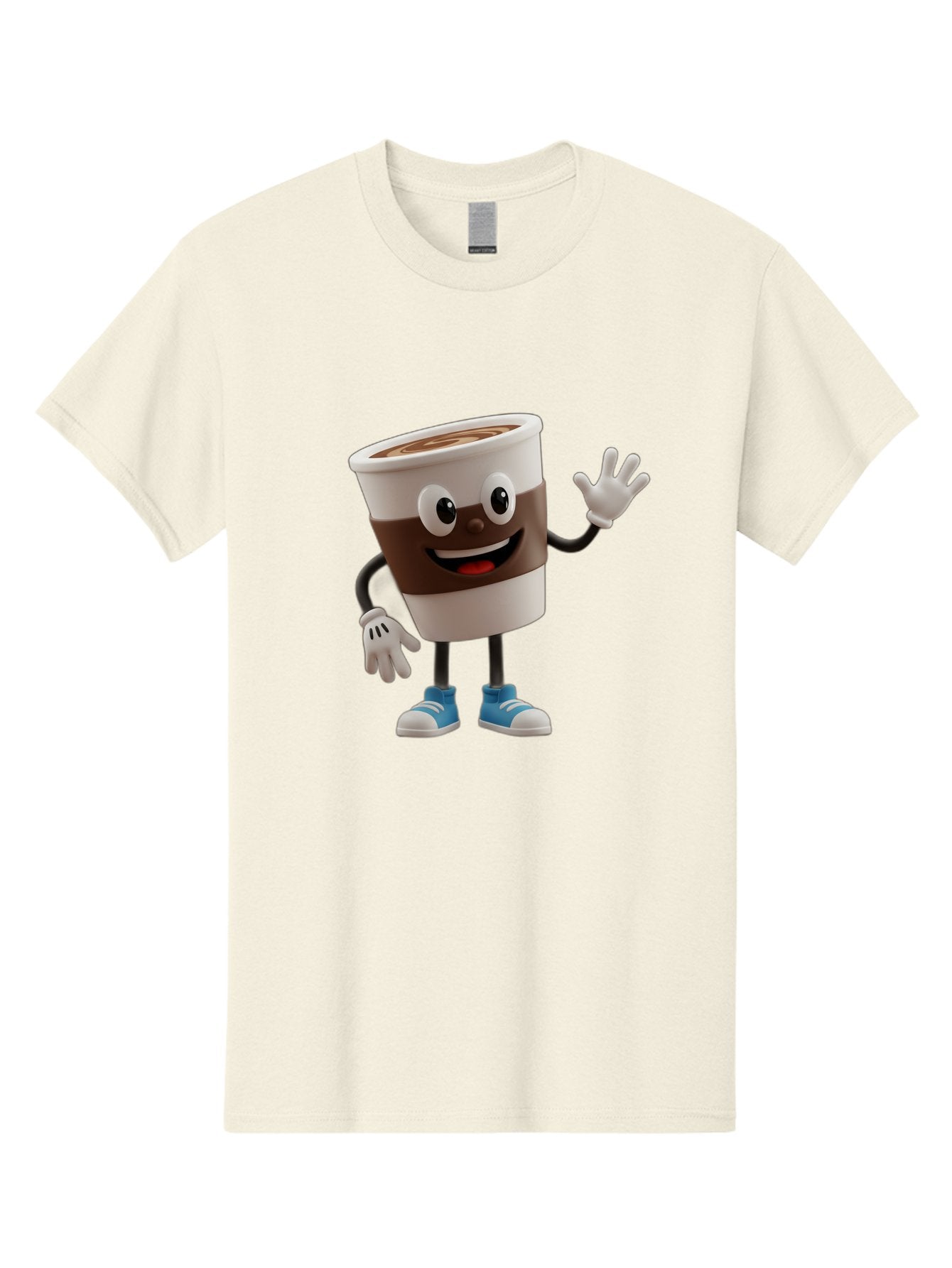 Coffee-Cup-Character Men'S Graphic Tee, 100% Cotton, Comfortable Casual Summer Wear, Machine Washable, Cartoon Coffee Cup, Happy Face, Waving Hand, Blue Sneakers, Coffee Lover, Morning Pick-Me-Up, Animated Beverage, Friendly Character, Baa362 11