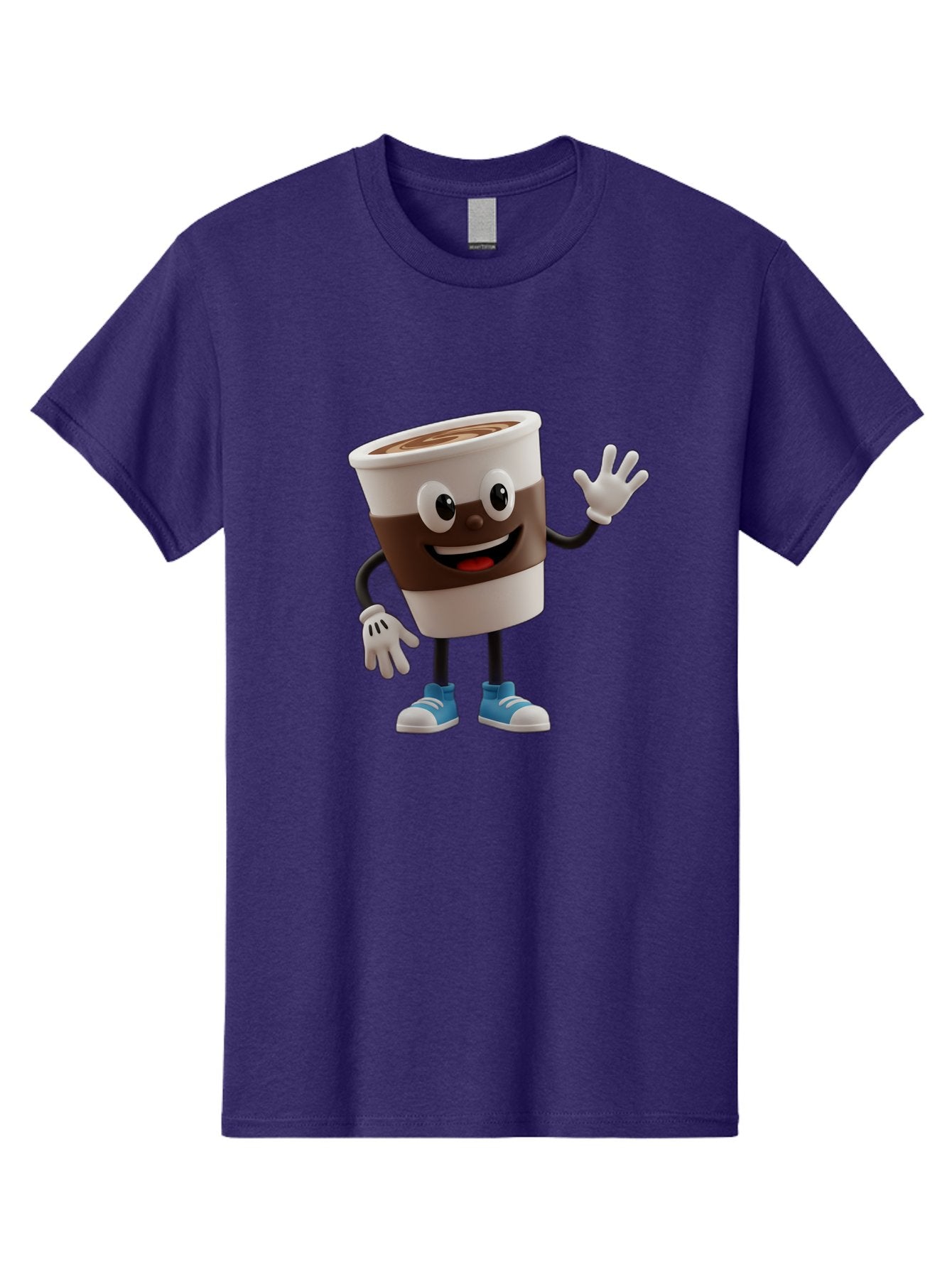 Coffee-Cup-Character Men'S Graphic Tee, 100% Cotton, Comfortable Casual Summer Wear, Machine Washable, Cartoon Coffee Cup, Happy Face, Waving Hand, Blue Sneakers, Coffee Lover, Morning Pick-Me-Up, Animated Beverage, Friendly Character, Baa362 4