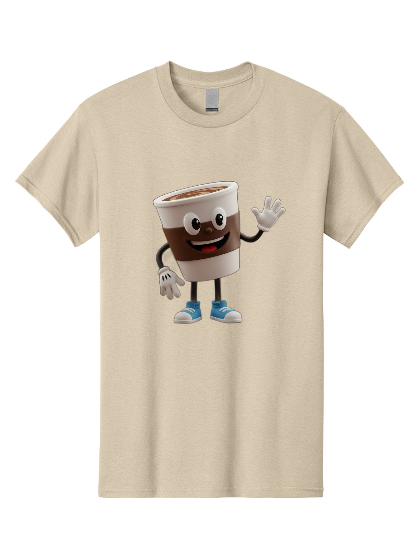 Coffee-Cup-Character Men'S Graphic Tee, 100% Cotton, Comfortable Casual Summer Wear, Machine Washable, Cartoon Coffee Cup, Happy Face, Waving Hand, Blue Sneakers, Coffee Lover, Morning Pick-Me-Up, Animated Beverage, Friendly Character, Baa362 3