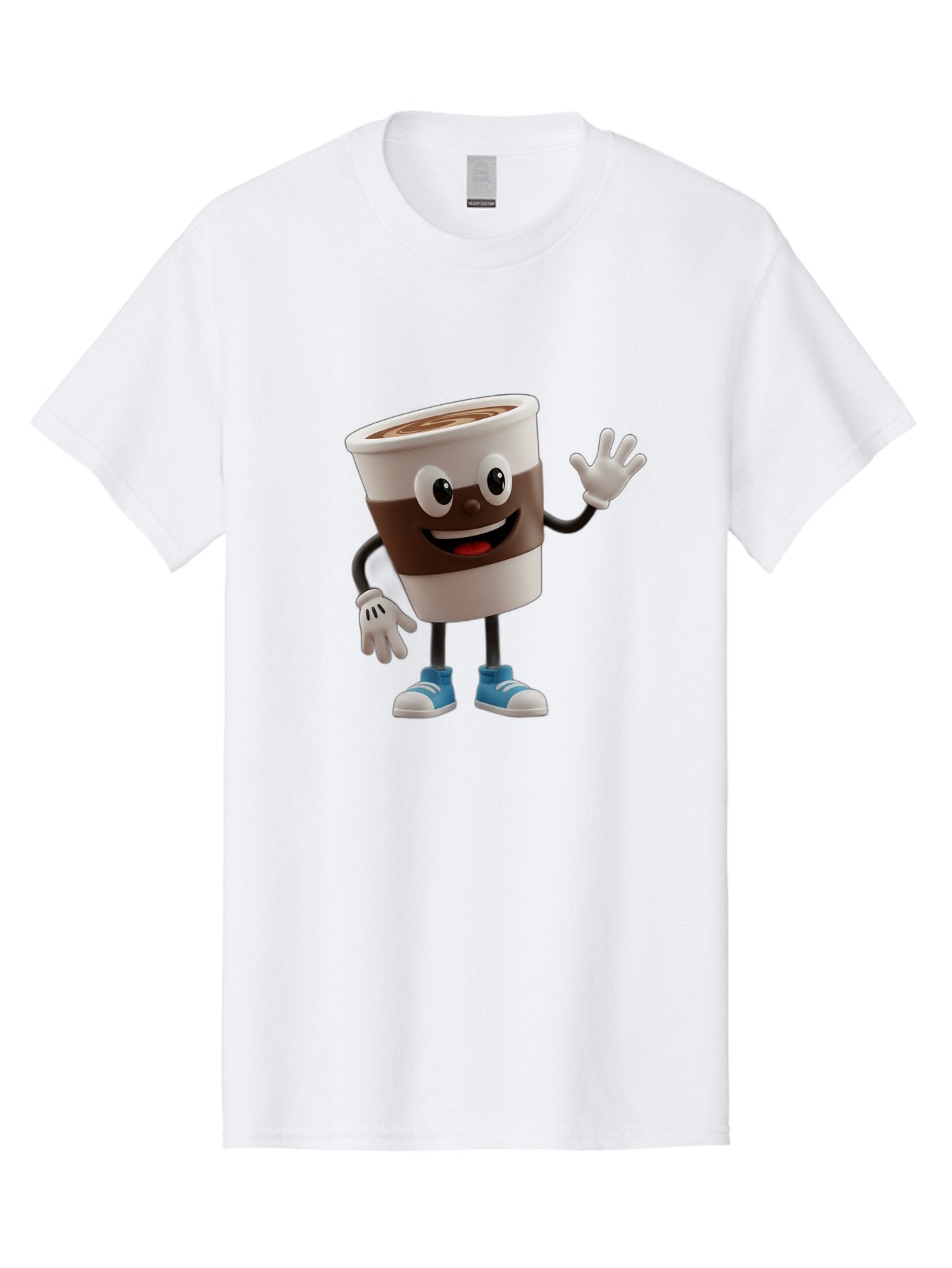 Coffee-Cup-Character Men'S Graphic Tee, 100% Cotton, Comfortable Casual Summer Wear, Machine Washable, Cartoon Coffee Cup, Happy Face, Waving Hand, Blue Sneakers, Coffee Lover, Morning Pick-Me-Up, Animated Beverage, Friendly Character, Baa362 8