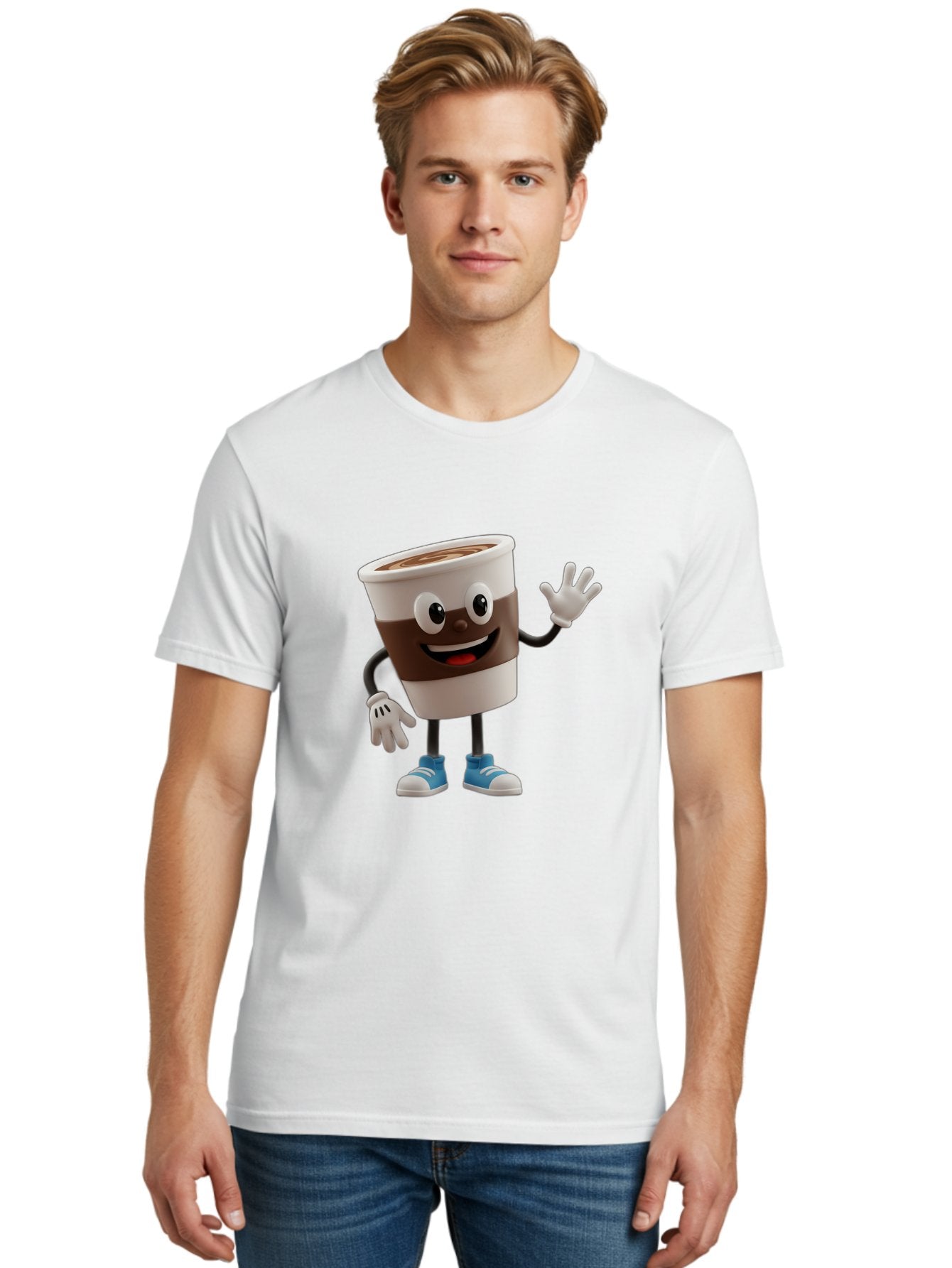 Coffee-Cup-Character Men'S Graphic Tee, 100% Cotton, Comfortable Casual Summer Wear, Machine Washable, Cartoon Coffee Cup, Happy Face, Waving Hand, Blue Sneakers, Coffee Lover, Morning Pick-Me-Up, Animated Beverage, Friendly Character, Baa362 25