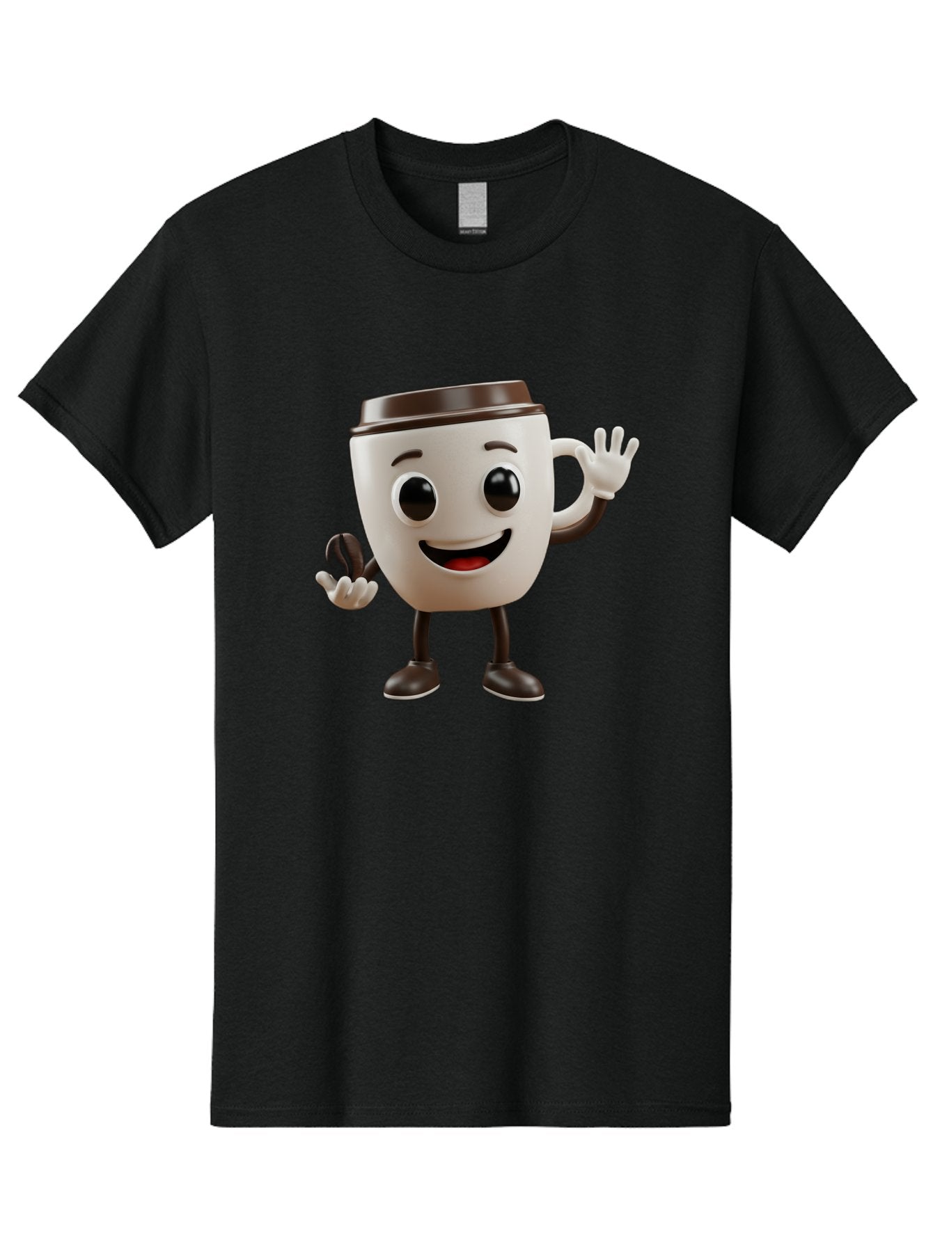 Coffee-Cup-Mascot Men'S Graphic Tee, 100% Cotton, Comfortable Casual Summer Wear, Machine Washable, Cartoon Coffee Cup, Smiling Face, Waving Hands, Black Accents, Coffee To Go, Playful Character, Morning Pick-Me-Up, Caffeinated Fun Baa363 15