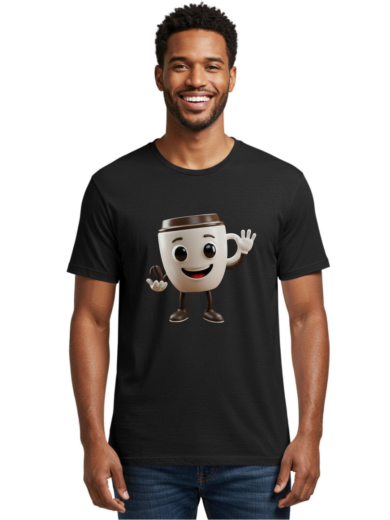 Coffee-Cup-Mascot Men'S Graphic Tee, 100% Cotton, Comfortable Casual Summer Wear, Machine Washable, Cartoon Coffee Cup, Smiling Face, Waving Hands, Black Accents, Coffee To Go, Playful Character, Morning Pick-Me-Up, Caffeinated Fun Baa363 30