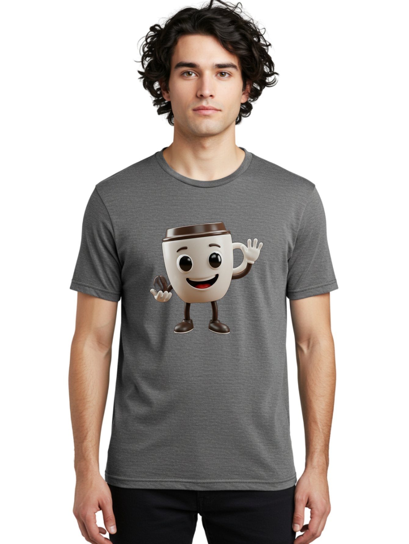 Coffee-Cup-Mascot Men'S Graphic Tee, 100% Cotton, Comfortable Casual Summer Wear, Machine Washable, Cartoon Coffee Cup, Smiling Face, Waving Hands, Black Accents, Coffee To Go, Playful Character, Morning Pick-Me-Up, Caffeinated Fun Baa363 23