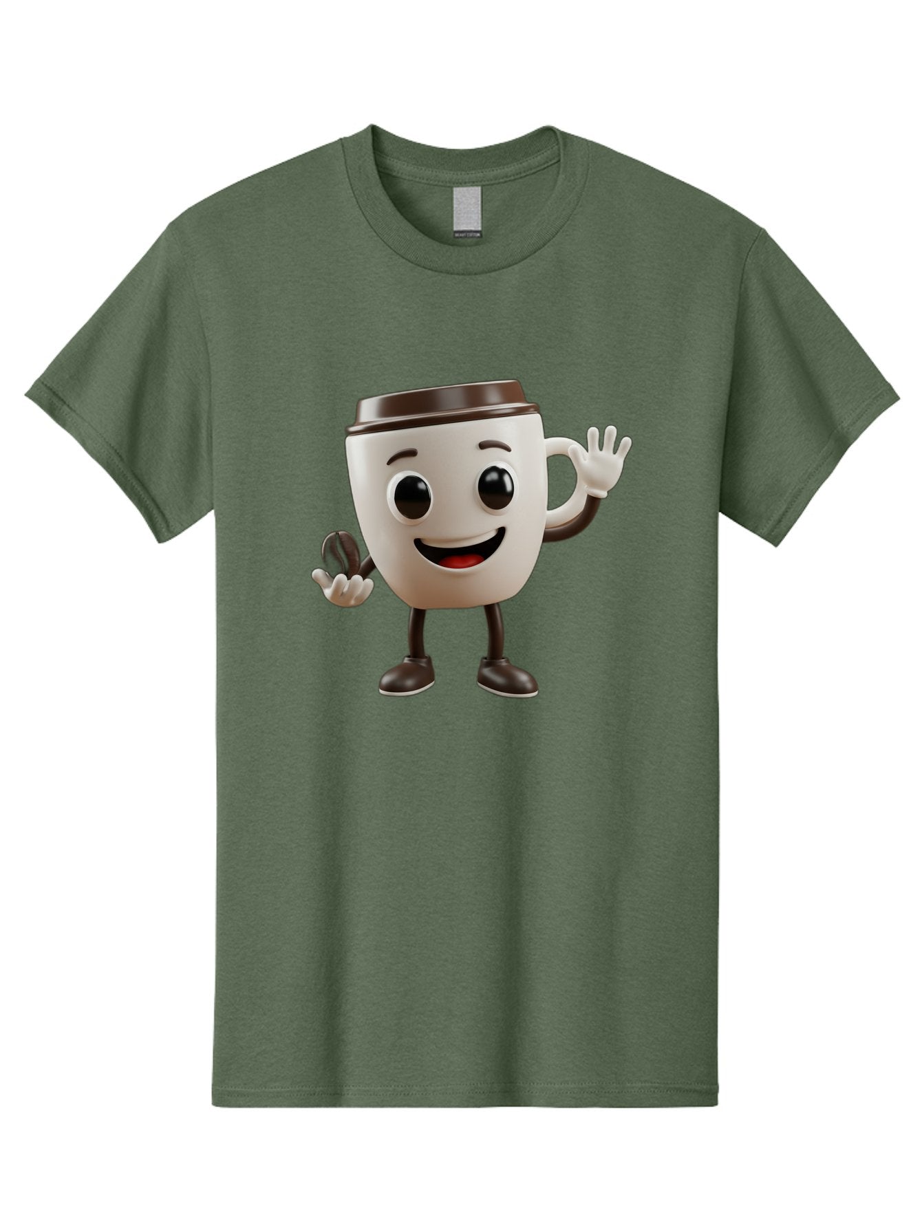 Coffee-Cup-Mascot Men'S Graphic Tee, 100% Cotton, Comfortable Casual Summer Wear, Machine Washable, Cartoon Coffee Cup, Smiling Face, Waving Hands, Black Accents, Coffee To Go, Playful Character, Morning Pick-Me-Up, Caffeinated Fun Baa363