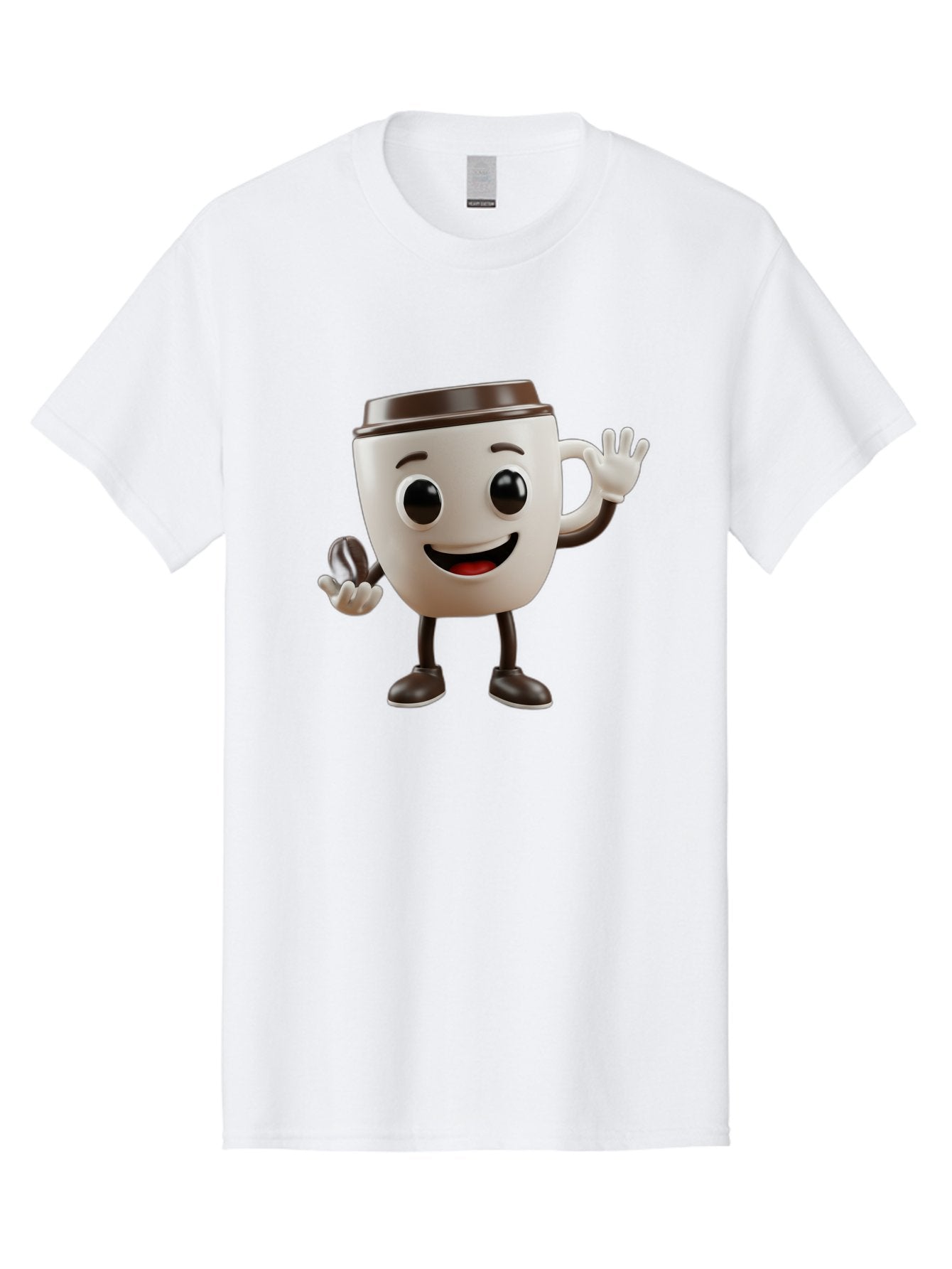 Coffee-Cup-Mascot Men'S Graphic Tee, 100% Cotton, Comfortable Casual Summer Wear, Machine Washable, Cartoon Coffee Cup, Smiling Face, Waving Hands, Black Accents, Coffee To Go, Playful Character, Morning Pick-Me-Up, Caffeinated Fun Baa363