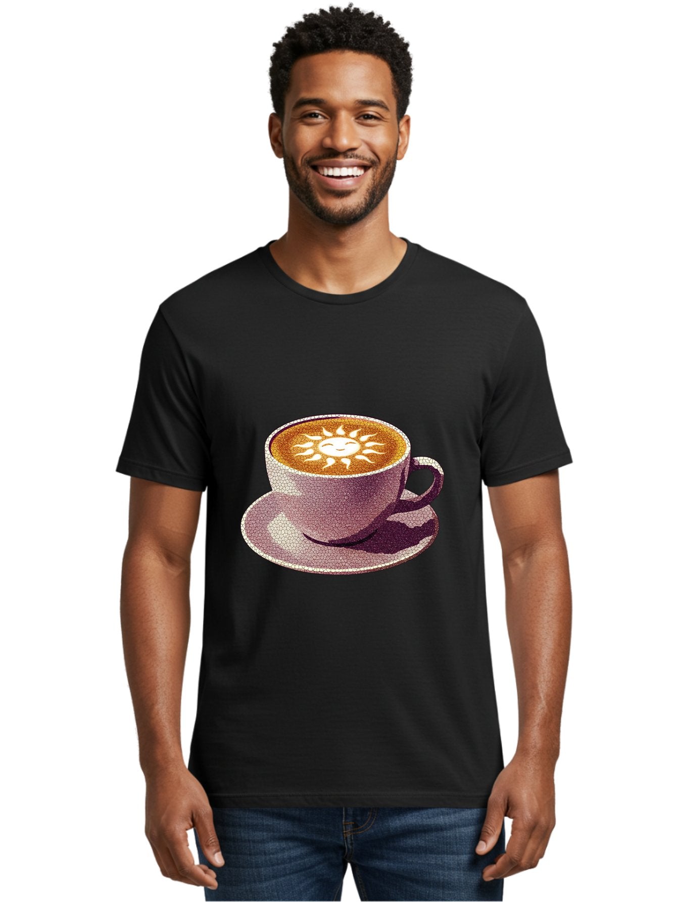 Coffee-Cup-Sun Men'S Graphic Tee, 100% Cotton, Comfortable Casual Summer Wear, Machine Washable, Coffee Cup, Latte Art, Sun Design, Heart Shape, Morning Coffee, Coffee Break, Espresso, Cafe Culture, Warm Beverage, Daily Grind Baa364 30