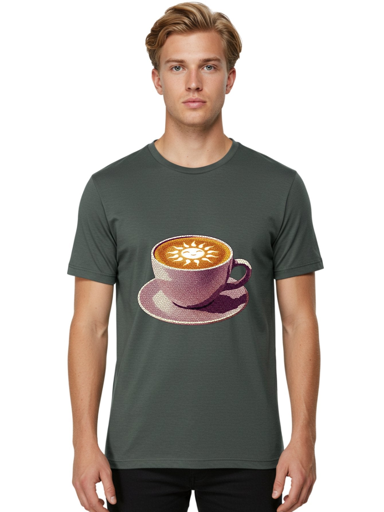 Coffee-Cup-Sun Men'S Graphic Tee, 100% Cotton, Comfortable Casual Summer Wear, Machine Washable, Coffee Cup, Latte Art, Sun Design, Heart Shape, Morning Coffee, Coffee Break, Espresso, Cafe Culture, Warm Beverage, Daily Grind Baa364 18