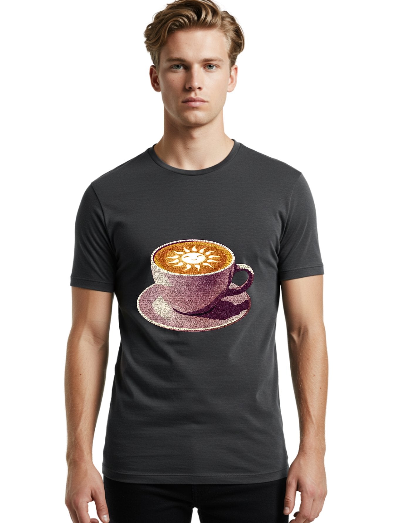 Coffee-Cup-Sun Men'S Graphic Tee, 100% Cotton, Comfortable Casual Summer Wear, Machine Washable, Coffee Cup, Latte Art, Sun Design, Heart Shape, Morning Coffee, Coffee Break, Espresso, Cafe Culture, Warm Beverage, Daily Grind Baa364 26