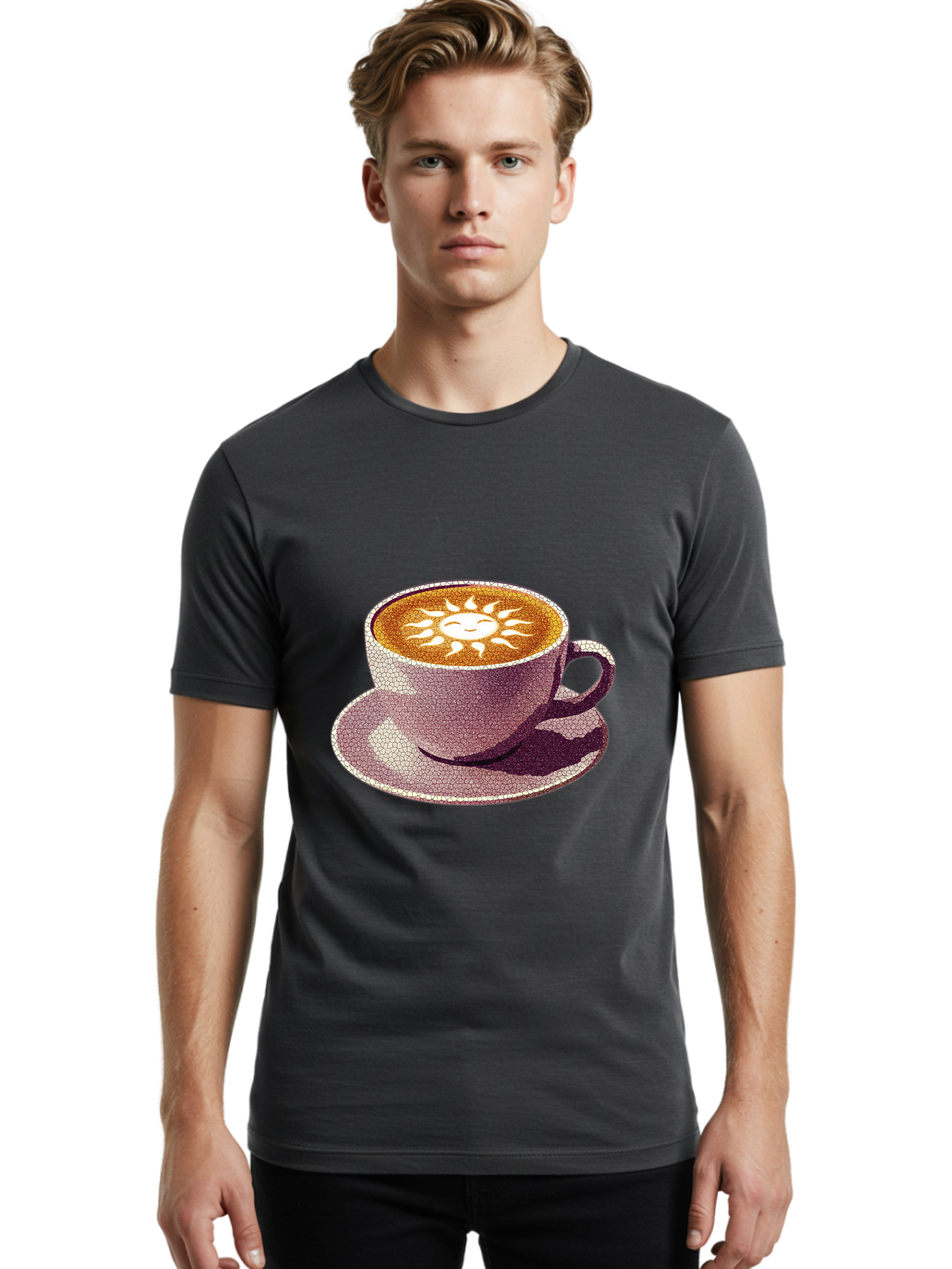 Coffee-Cup-Sun Men'S Graphic Tee, 100% Cotton, Comfortable Casual Summer Wear, Machine Washable, Coffee Cup, Latte Art, Sun Design, Heart Shape, Morning Coffee, Coffee Break, Espresso, Cafe Culture, Warm Beverage, Daily Grind Baa364 10