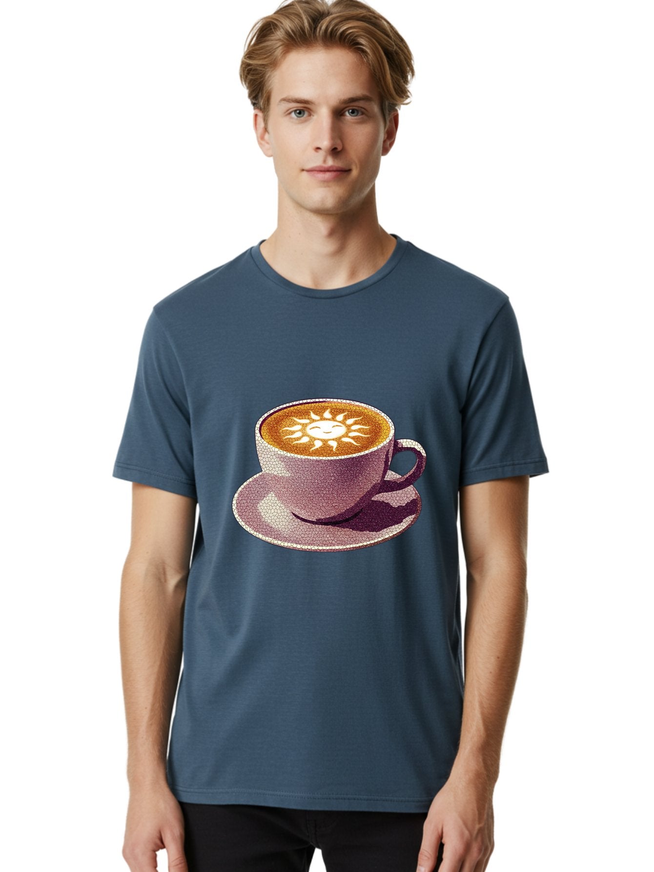 Coffee-Cup-Sun Men'S Graphic Tee, 100% Cotton, Comfortable Casual Summer Wear, Machine Washable, Coffee Cup, Latte Art, Sun Design, Heart Shape, Morning Coffee, Coffee Break, Espresso, Cafe Culture, Warm Beverage, Daily Grind Baa364 25