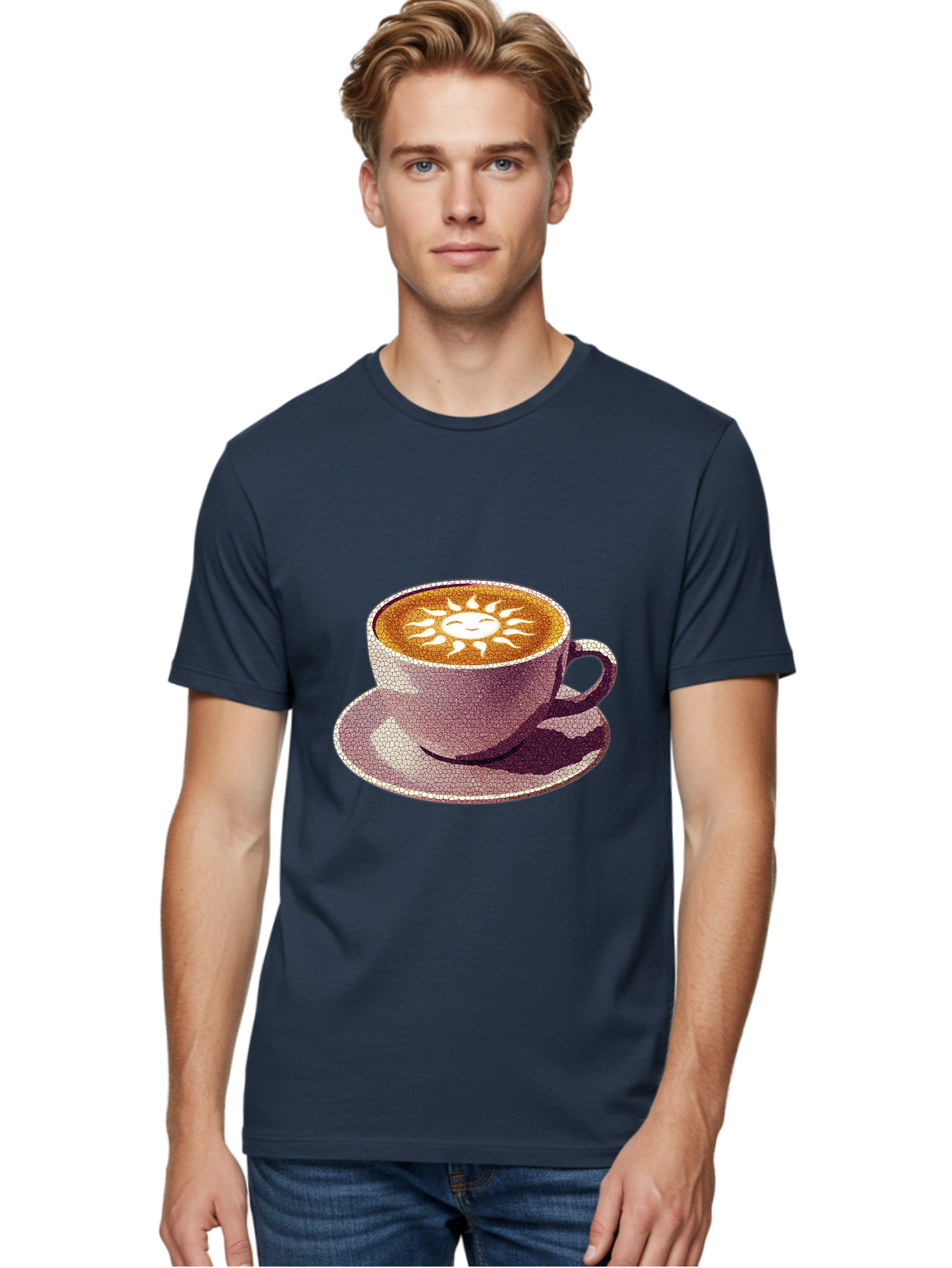 Coffee-Cup-Sun Men'S Graphic Tee, 100% Cotton, Comfortable Casual Summer Wear, Machine Washable, Coffee Cup, Latte Art, Sun Design, Heart Shape, Morning Coffee, Coffee Break, Espresso, Cafe Culture, Warm Beverage, Daily Grind Baa364 16