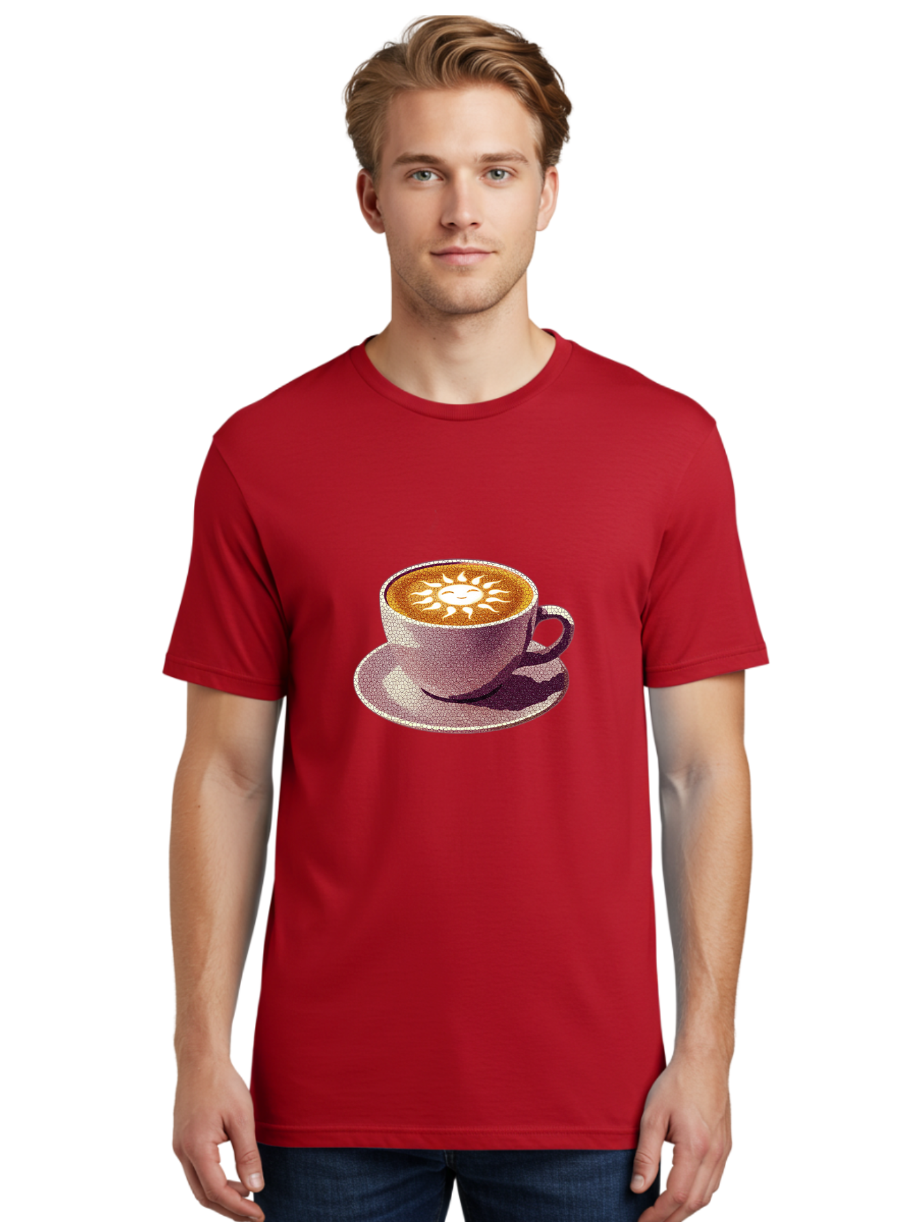 Coffee-Cup-Sun Men'S Graphic Tee, 100% Cotton, Comfortable Casual Summer Wear, Machine Washable, Coffee Cup, Latte Art, Sun Design, Heart Shape, Morning Coffee, Coffee Break, Espresso, Cafe Culture, Warm Beverage, Daily Grind Baa364 20