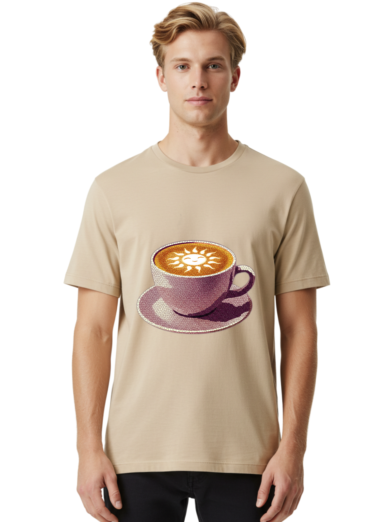 Coffee-Cup-Sun Men'S Graphic Tee, 100% Cotton, Comfortable Casual Summer Wear, Machine Washable, Coffee Cup, Latte Art, Sun Design, Heart Shape, Morning Coffee, Coffee Break, Espresso, Cafe Culture, Warm Beverage, Daily Grind Baa364 22