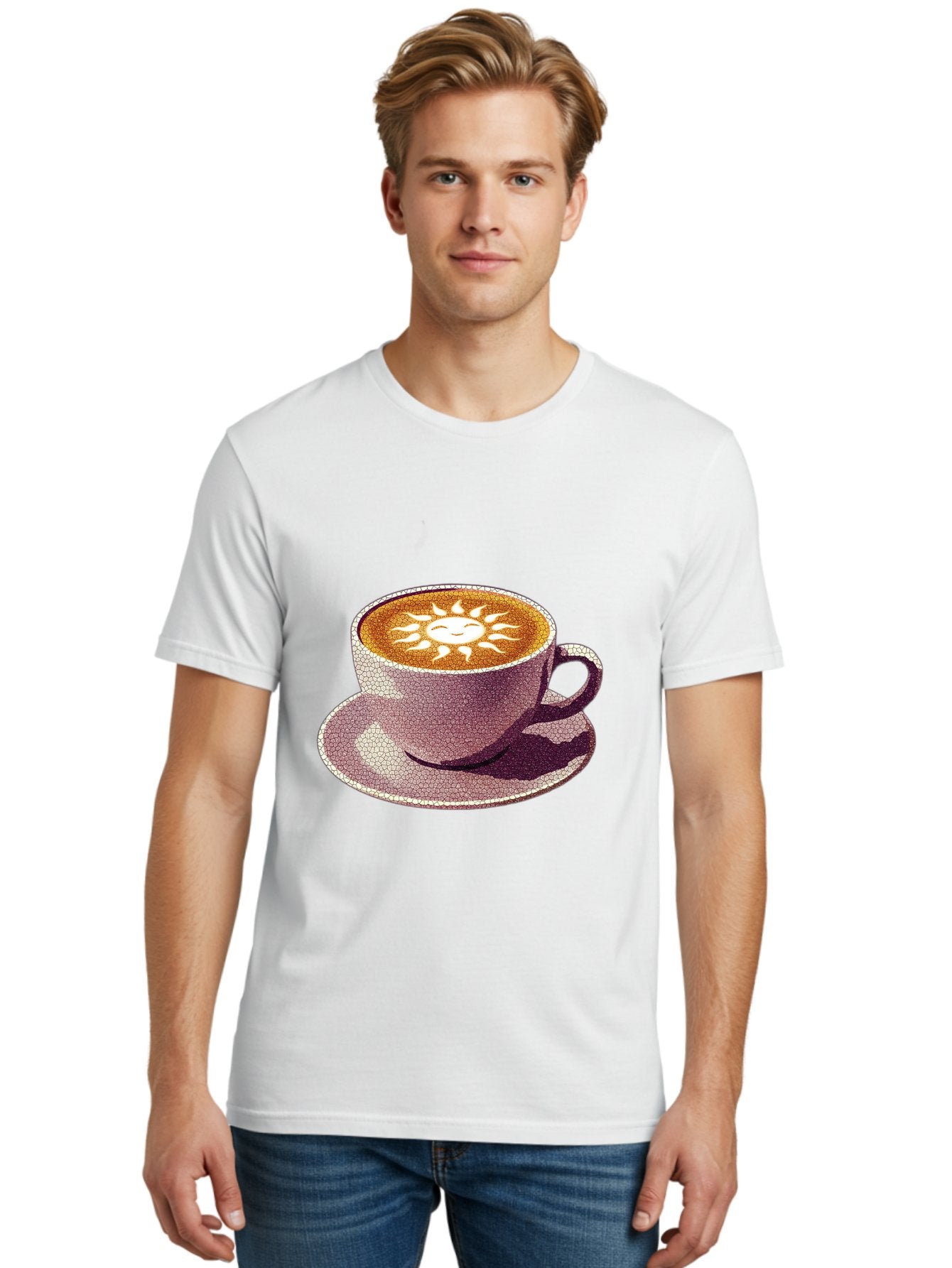 Coffee-Cup-Sun Men'S Graphic Tee, 100% Cotton, Comfortable Casual Summer Wear, Machine Washable, Coffee Cup, Latte Art, Sun Design, Heart Shape, Morning Coffee, Coffee Break, Espresso, Cafe Culture, Warm Beverage, Daily Grind Baa364 16