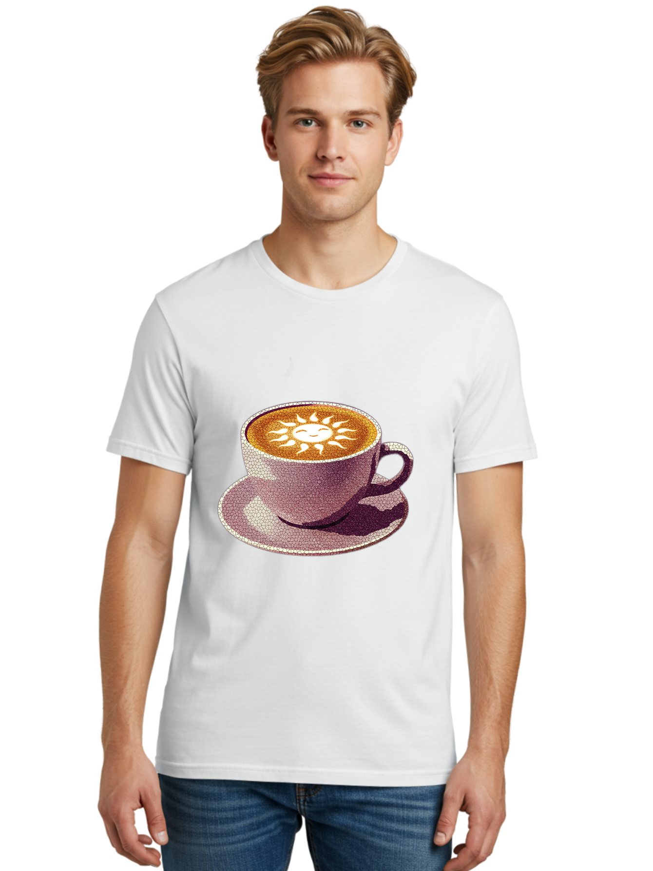 Coffee-Cup-Sun Men'S Graphic Tee, 100% Cotton, Comfortable Casual Summer Wear, Machine Washable, Coffee Cup, Latte Art, Sun Design, Heart Shape, Morning Coffee, Coffee Break, Espresso, Cafe Culture, Warm Beverage, Daily Grind Baa364 26