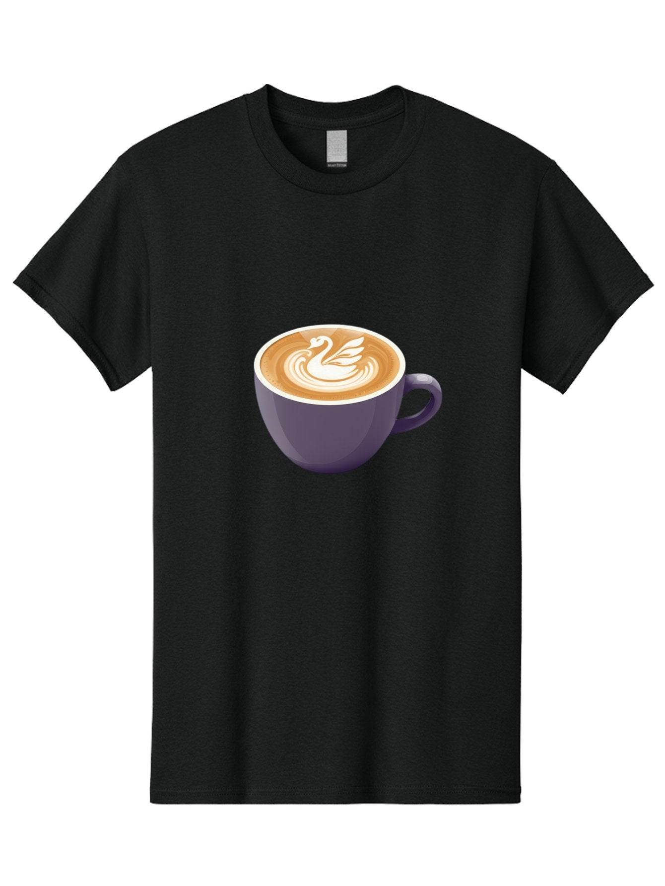 Coffee-Cup-With-Swan Men'S Graphic Tee, 100% Cotton, Comfortable Casual Summer Wear, Machine Washable, Coffee Cup, Cappuccino, Latte Art, Swan Design, Purple Cup, White Foam, Coffee Drink, Cafe Culture, Morning Coffee, Coffee Lover Baa365 15