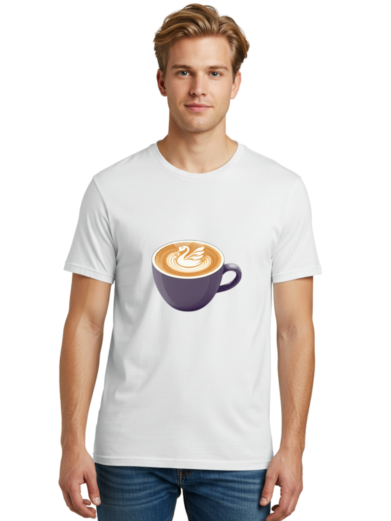 Coffee-Cup-With-Swan Men'S Graphic Tee, 100% Cotton, Comfortable Casual Summer Wear, Machine Washable, Coffee Cup, Cappuccino, Latte Art, Swan Design, Purple Cup, White Foam, Coffee Drink, Cafe Culture, Morning Coffee, Coffee Lover Baa365 12