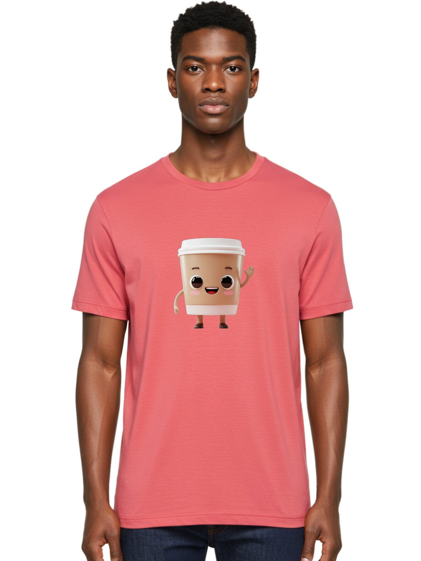 Coffee-Cup Men'S Graphic Tee, 100% Cotton, Comfortable Casual Summer Wear, Machine Washable, Cartoon Coffee Cup, Anthropomorphic Character, Smiling Face, Friendly Gesture, Happy Expression, 3D Illustration, Coffee Culture, Morning Pick-Me-Up, Baa366 20