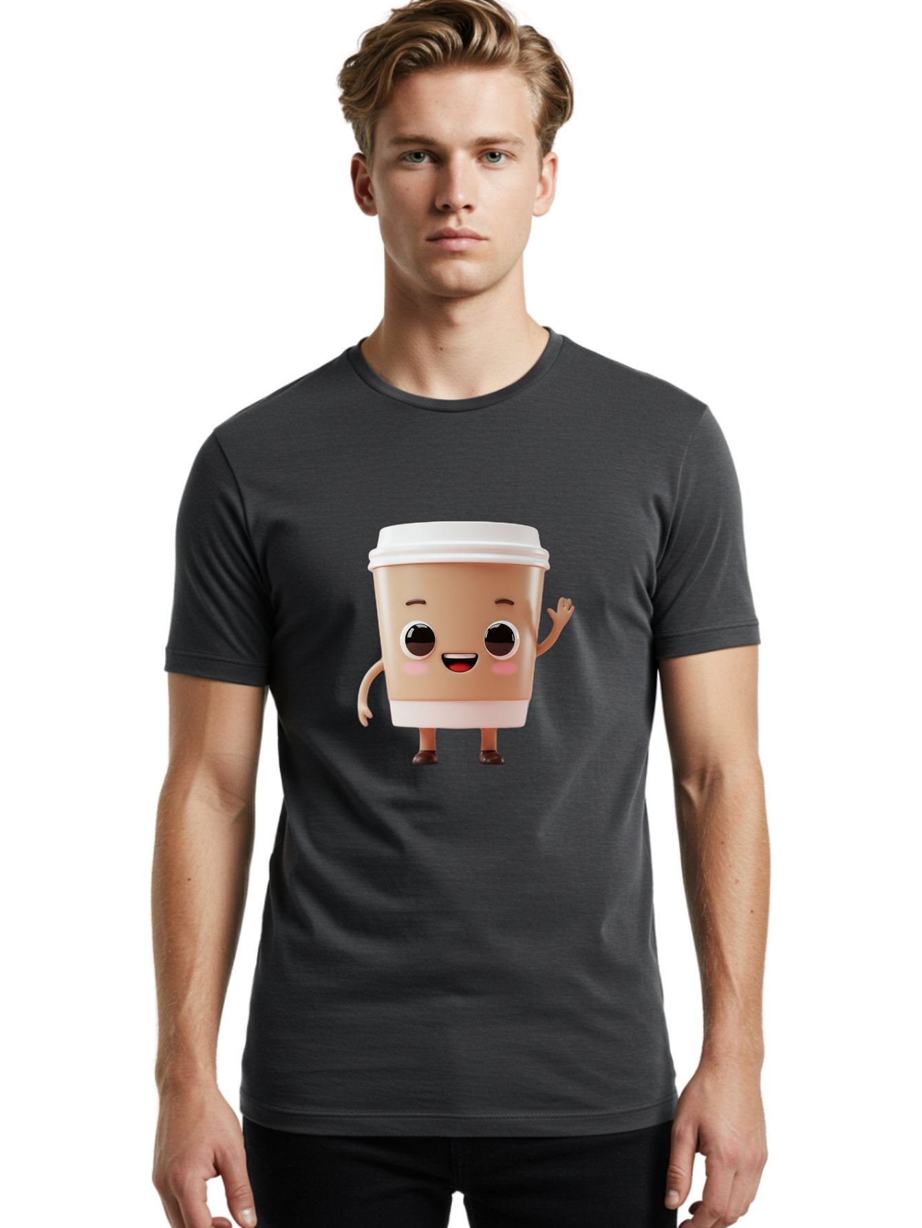 Coffee-Cup Men'S Graphic Tee, 100% Cotton, Comfortable Casual Summer Wear, Machine Washable, Cartoon Coffee Cup, Anthropomorphic Character, Smiling Face, Friendly Gesture, Happy Expression, 3D Illustration, Coffee Culture, Morning Pick-Me-Up, Baa366 21