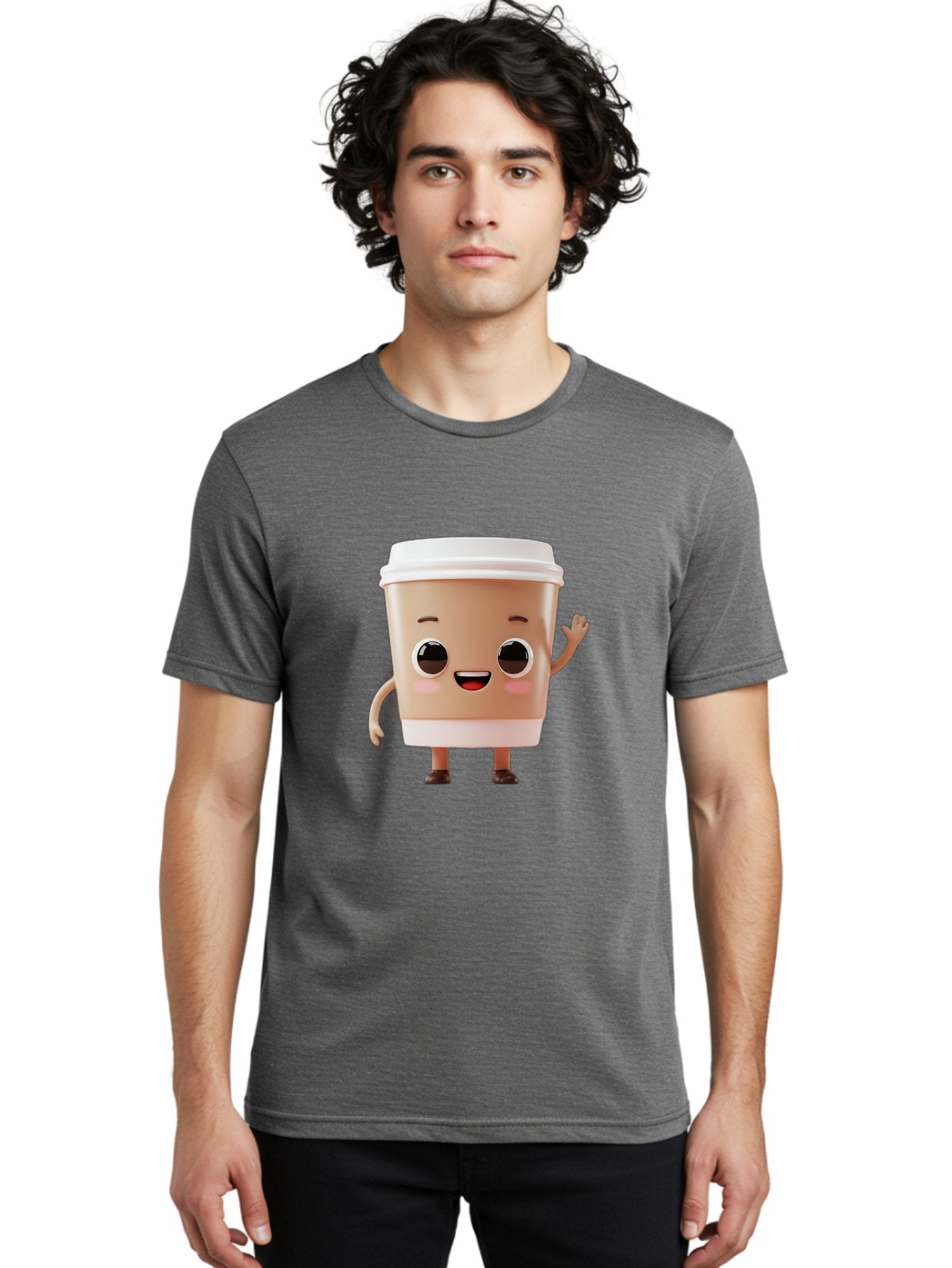 Coffee-Cup Men'S Graphic Tee, 100% Cotton, Comfortable Casual Summer Wear, Machine Washable, Cartoon Coffee Cup, Anthropomorphic Character, Smiling Face, Friendly Gesture, Happy Expression, 3D Illustration, Coffee Culture, Morning Pick-Me-Up, Baa366 26
