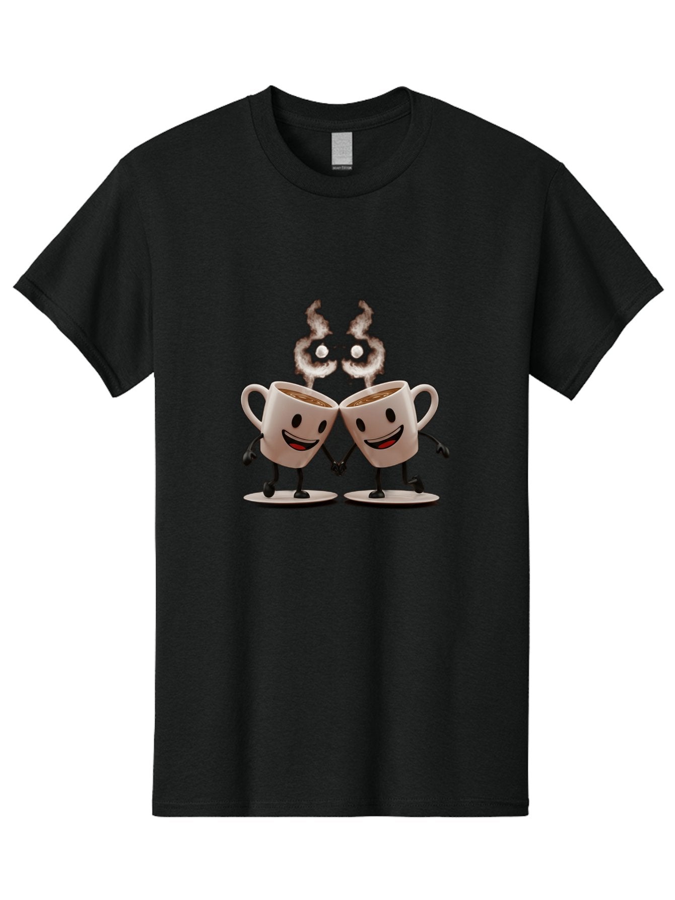 Coffee-Cups-2 Men'S Graphic Tee, 100% Cotton, Comfortable Casual Summer Wear, Machine Washable, Cartoon Coffee Cups Holding Hands, Smiling Faces, Coffee Steam, Adorable Characters, Quirky Illustration, Playful Design, Coffee Lovers, Baa368