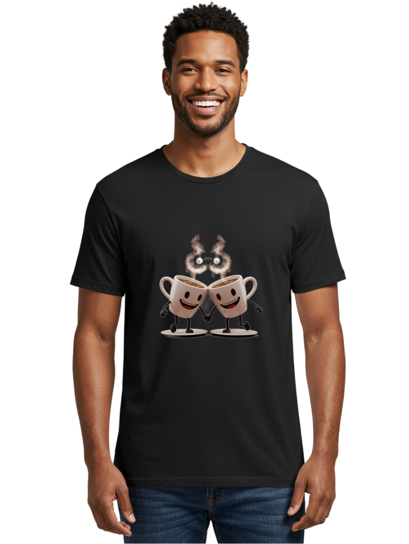 Coffee-Cups-2 Men'S Graphic Tee, 100% Cotton, Comfortable Casual Summer Wear, Machine Washable, Cartoon Coffee Cups Holding Hands, Smiling Faces, Coffee Steam, Adorable Characters, Quirky Illustration, Playful Design, Coffee Lovers, Baa368 20