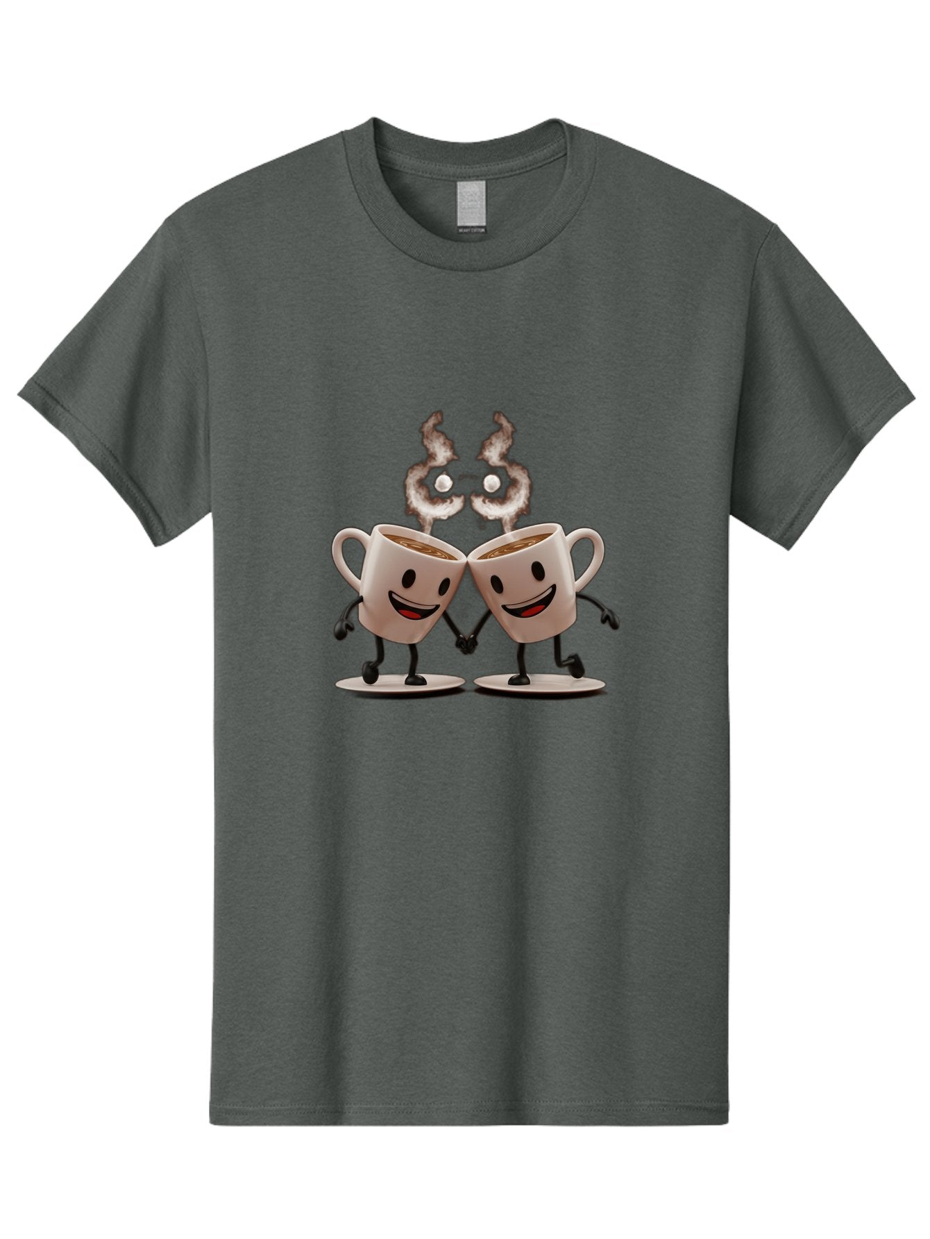Coffee-Cups-2 Men'S Graphic Tee, 100% Cotton, Comfortable Casual Summer Wear, Machine Washable, Cartoon Coffee Cups Holding Hands, Smiling Faces, Coffee Steam, Adorable Characters, Quirky Illustration, Playful Design, Coffee Lovers, Baa368 7