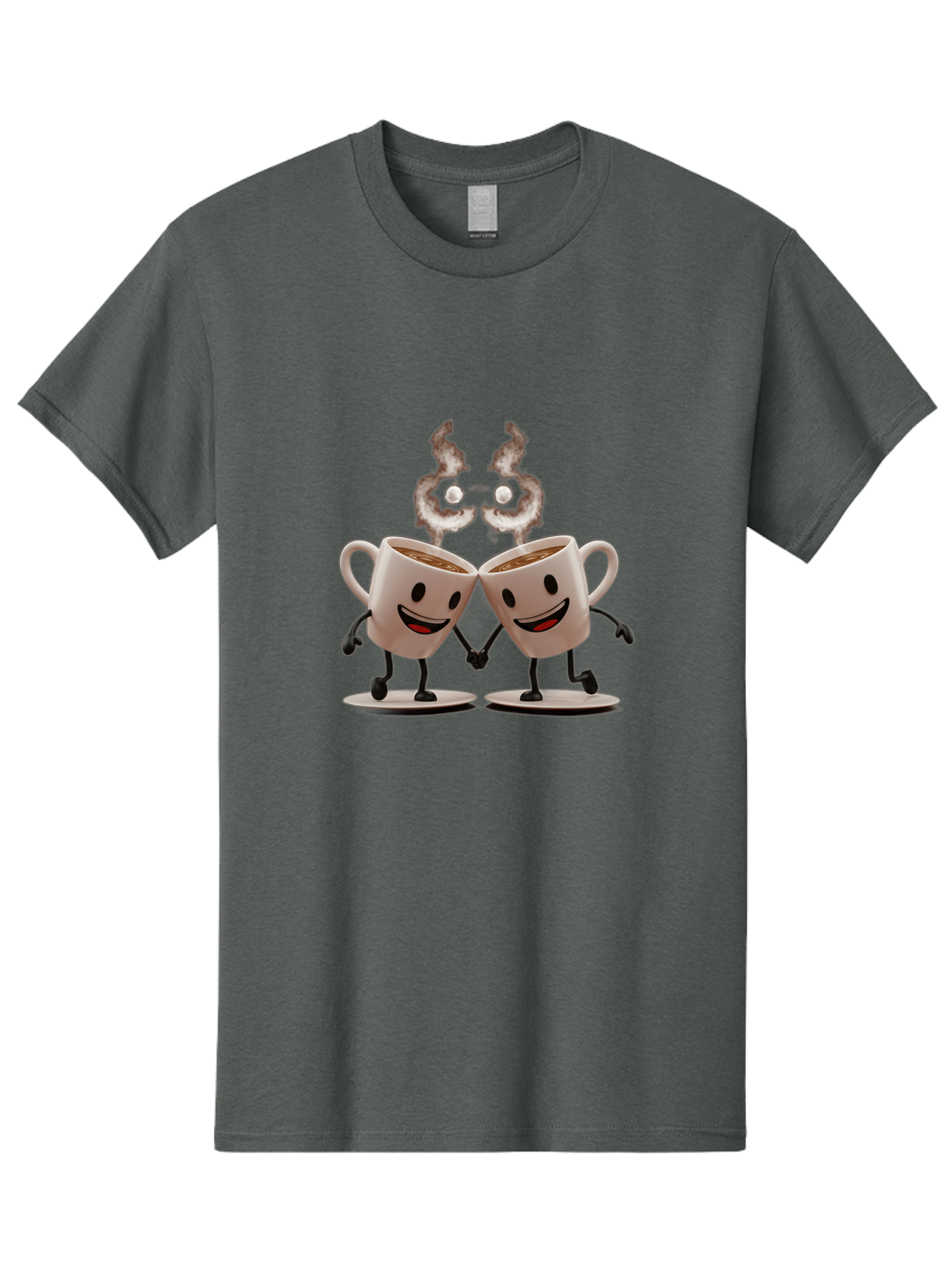 Coffee-Cups-2 Men'S Graphic Tee, 100% Cotton, Comfortable Casual Summer Wear, Machine Washable, Cartoon Coffee Cups Holding Hands, Smiling Faces, Coffee Steam, Adorable Characters, Quirky Illustration, Playful Design, Coffee Lovers, Baa368 25