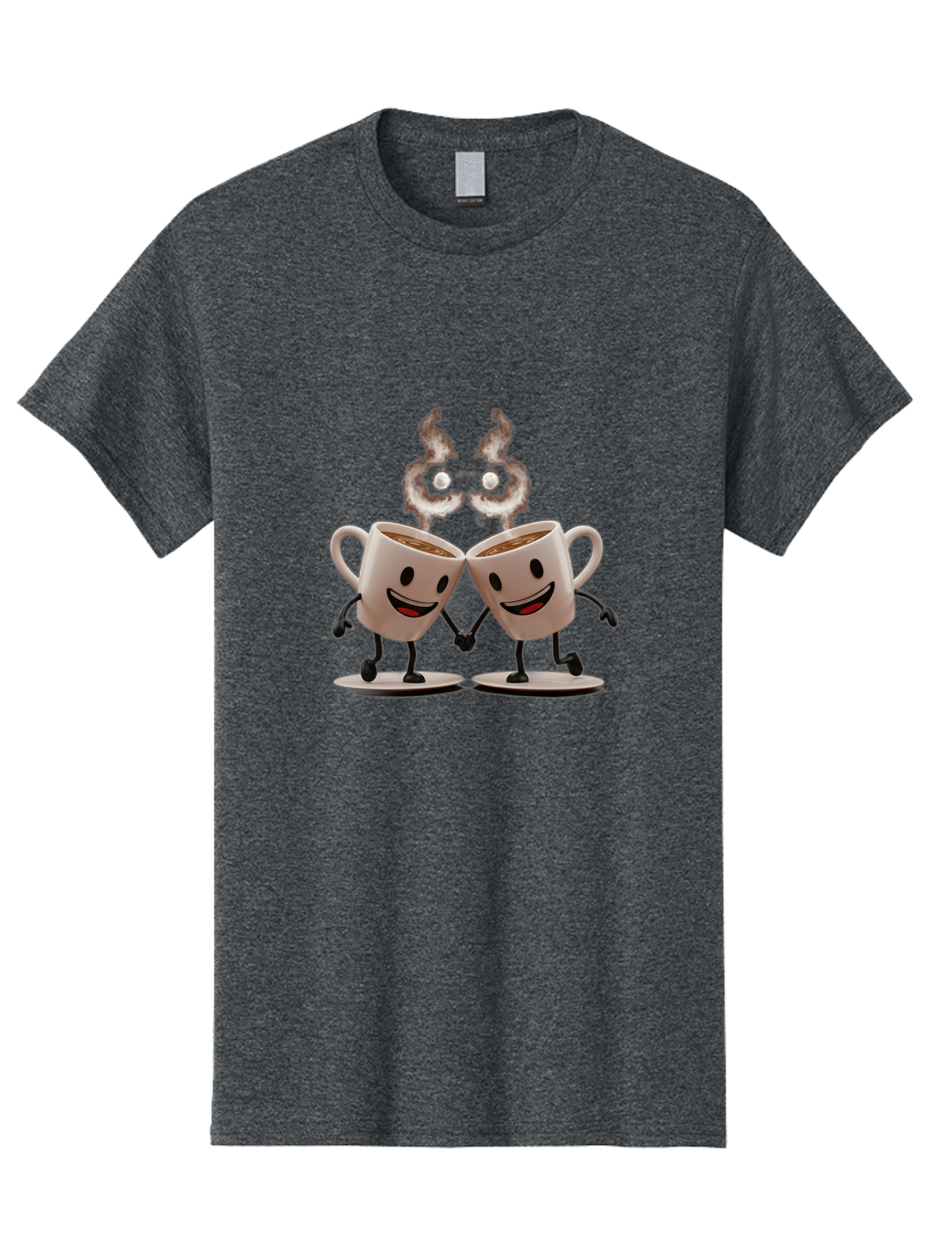 Coffee-Cups-2 Men'S Graphic Tee, 100% Cotton, Comfortable Casual Summer Wear, Machine Washable, Cartoon Coffee Cups Holding Hands, Smiling Faces, Coffee Steam, Adorable Characters, Quirky Illustration, Playful Design, Coffee Lovers, Baa368 5
