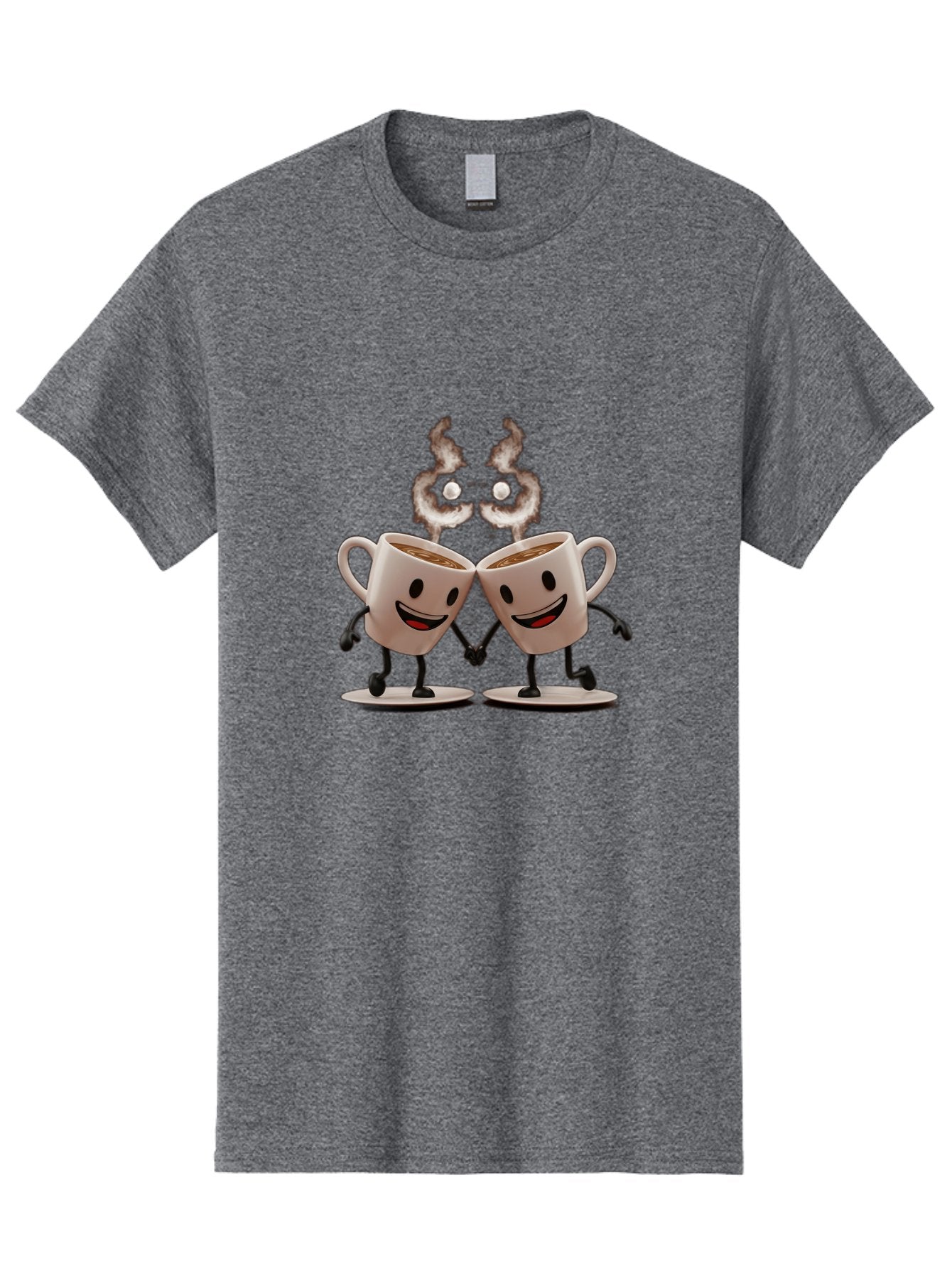 Coffee-Cups-2 Men'S Graphic Tee, 100% Cotton, Comfortable Casual Summer Wear, Machine Washable, Cartoon Coffee Cups Holding Hands, Smiling Faces, Coffee Steam, Adorable Characters, Quirky Illustration, Playful Design, Coffee Lovers, Baa368 15