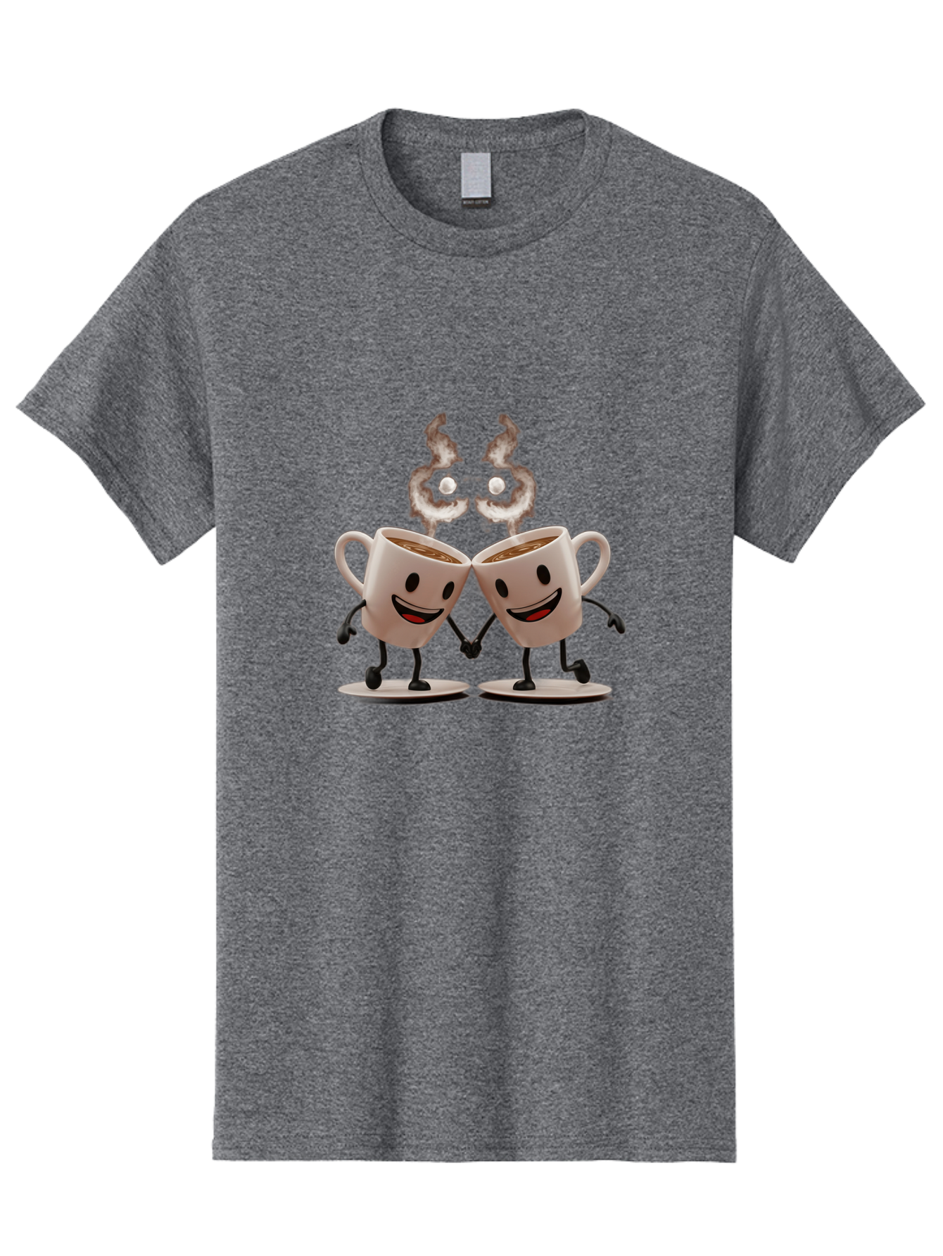 Coffee-Cups-2 Men'S Graphic Tee, 100% Cotton, Comfortable Casual Summer Wear, Machine Washable, Cartoon Coffee Cups Holding Hands, Smiling Faces, Coffee Steam, Adorable Characters, Quirky Illustration, Playful Design, Coffee Lovers, Baa368