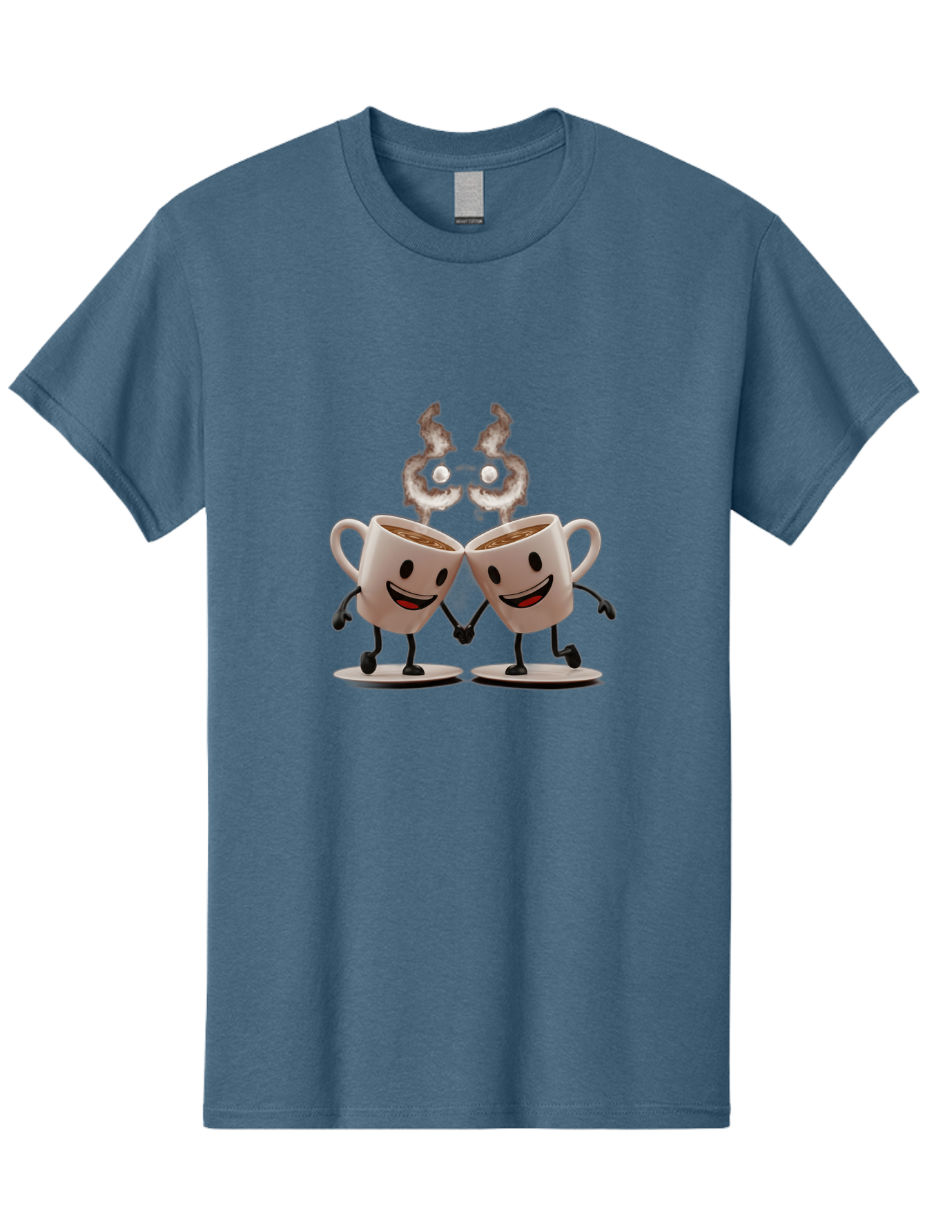 Coffee-Cups-2 Men'S Graphic Tee, 100% Cotton, Comfortable Casual Summer Wear, Machine Washable, Cartoon Coffee Cups Holding Hands, Smiling Faces, Coffee Steam, Adorable Characters, Quirky Illustration, Playful Design, Coffee Lovers, Baa368 11