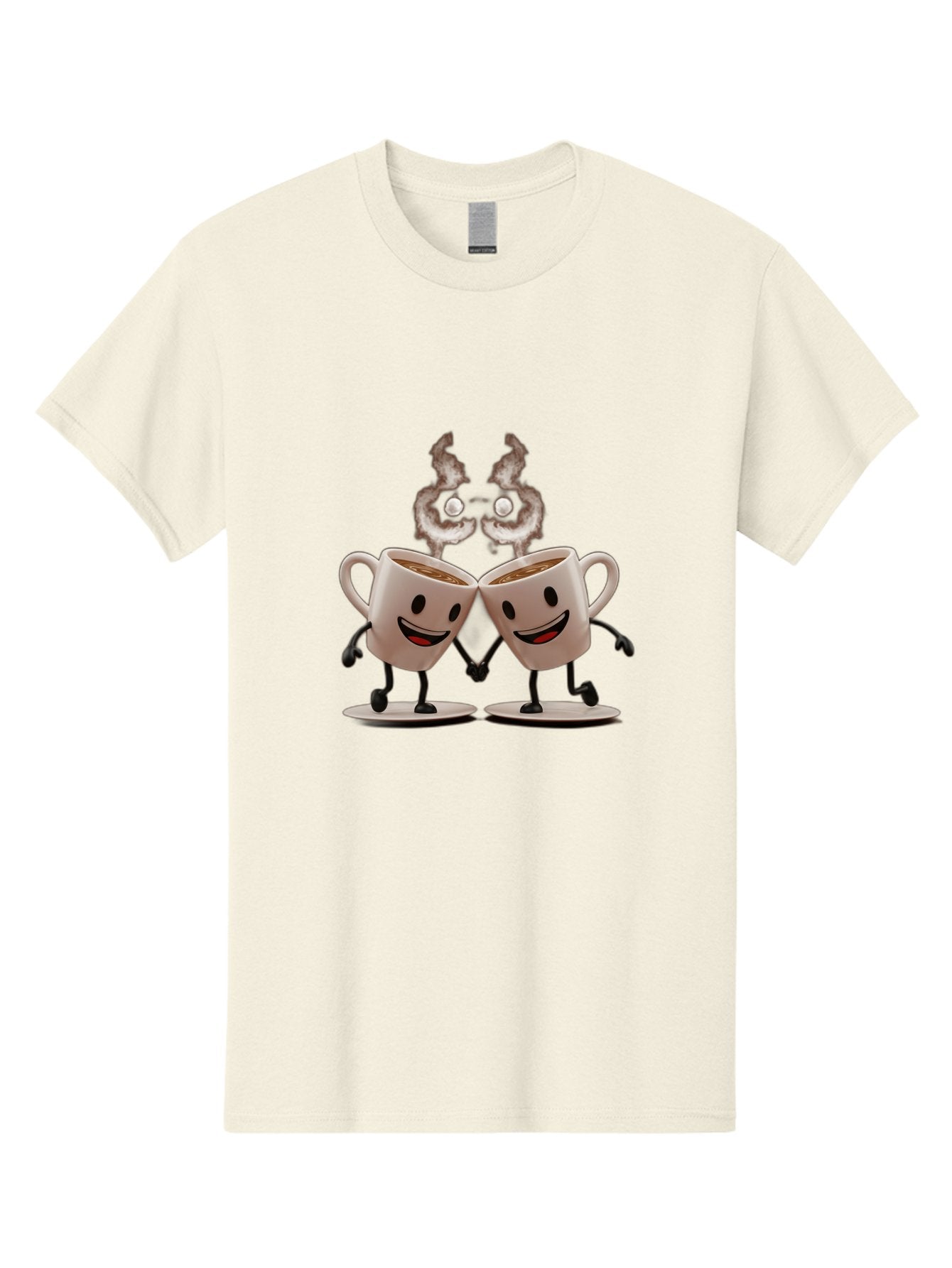 Coffee-Cups-2 Men'S Graphic Tee, 100% Cotton, Comfortable Casual Summer Wear, Machine Washable, Cartoon Coffee Cups Holding Hands, Smiling Faces, Coffee Steam, Adorable Characters, Quirky Illustration, Playful Design, Coffee Lovers, Baa368 5