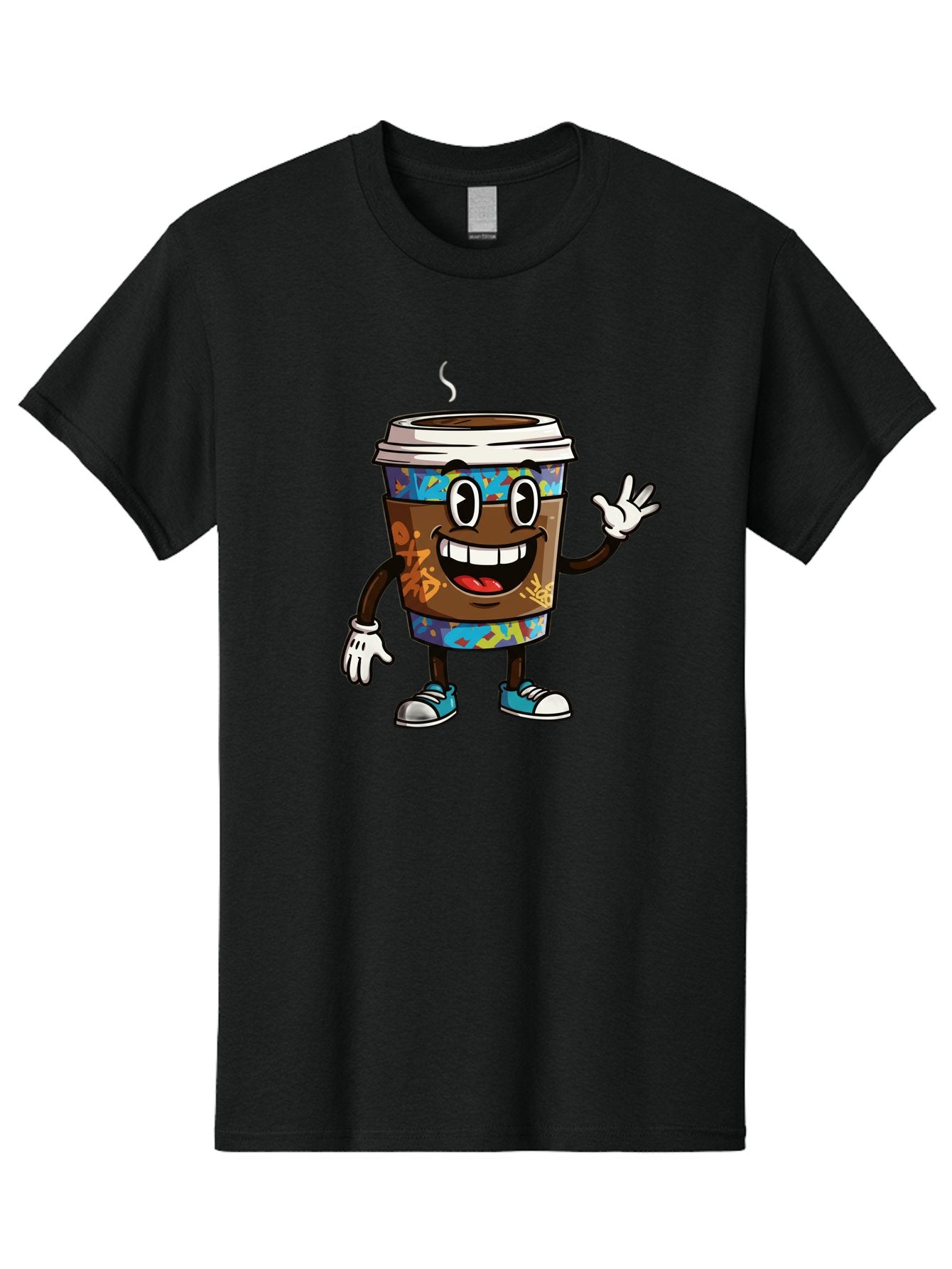 Coffee-Mug-Character Men'S Graphic Tee, 100% Cotton, Comfortable Casual Summer Wear, Machine Washable, Cartoon Personified Coffee Cup, Brown Coffee Cup Character, Smiling Coffee, Coffee Cup Mascot, Positive Vibes, Waving Coffee Cup, Baa378 5