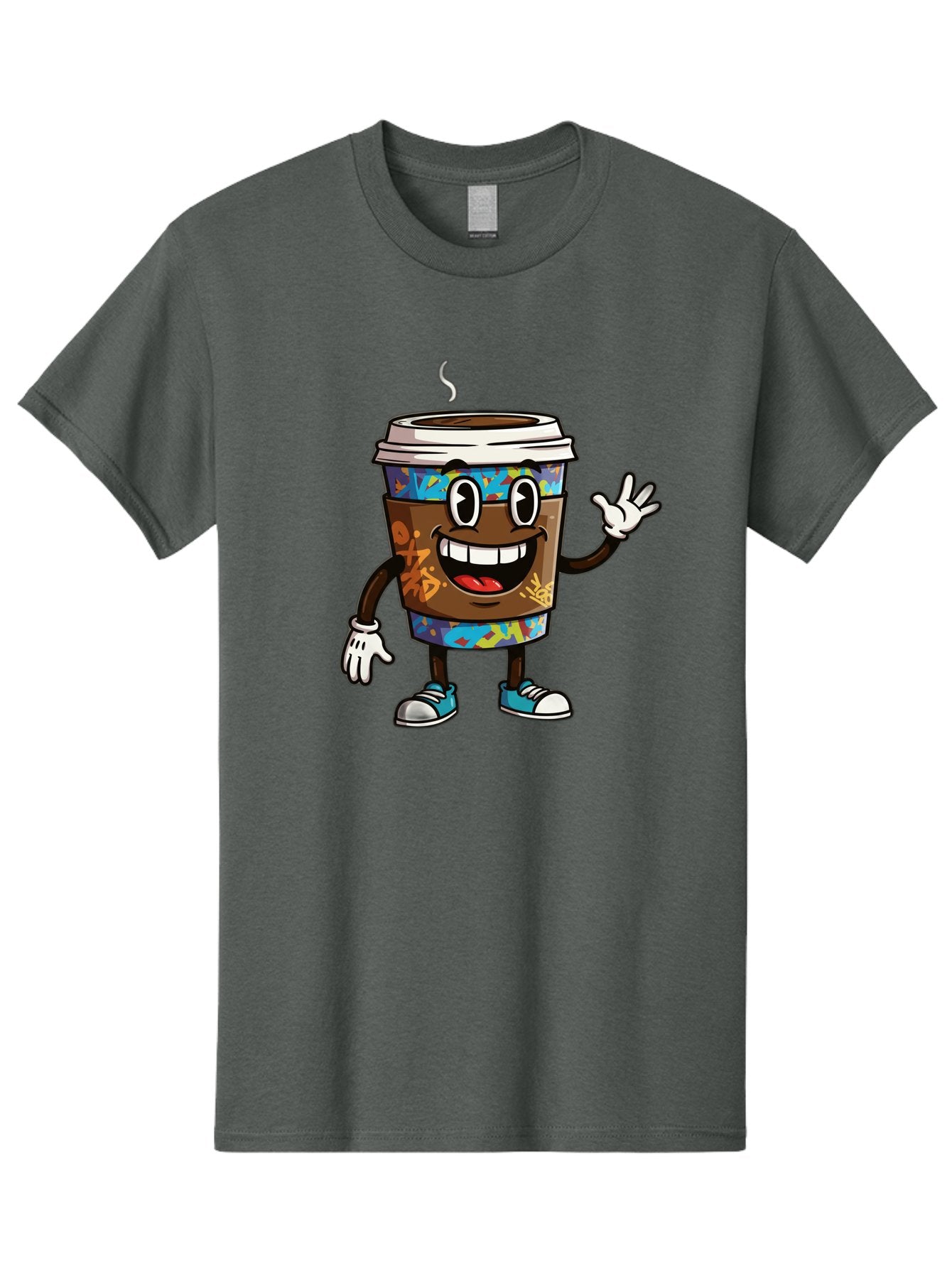Coffee-Mug-Character Men'S Graphic Tee, 100% Cotton, Comfortable Casual Summer Wear, Machine Washable, Cartoon Personified Coffee Cup, Brown Coffee Cup Character, Smiling Coffee, Coffee Cup Mascot, Positive Vibes, Waving Coffee Cup, Baa378 7