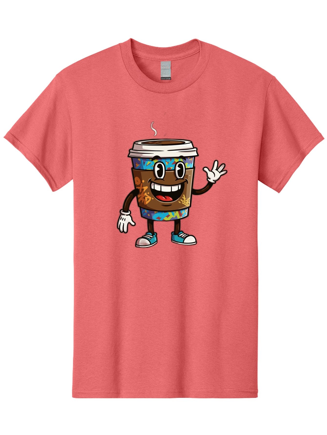 Coffee-Mug-Character Men'S Graphic Tee, 100% Cotton, Comfortable Casual Summer Wear, Machine Washable, Cartoon Personified Coffee Cup, Brown Coffee Cup Character, Smiling Coffee, Coffee Cup Mascot, Positive Vibes, Waving Coffee Cup, Baa378 8
