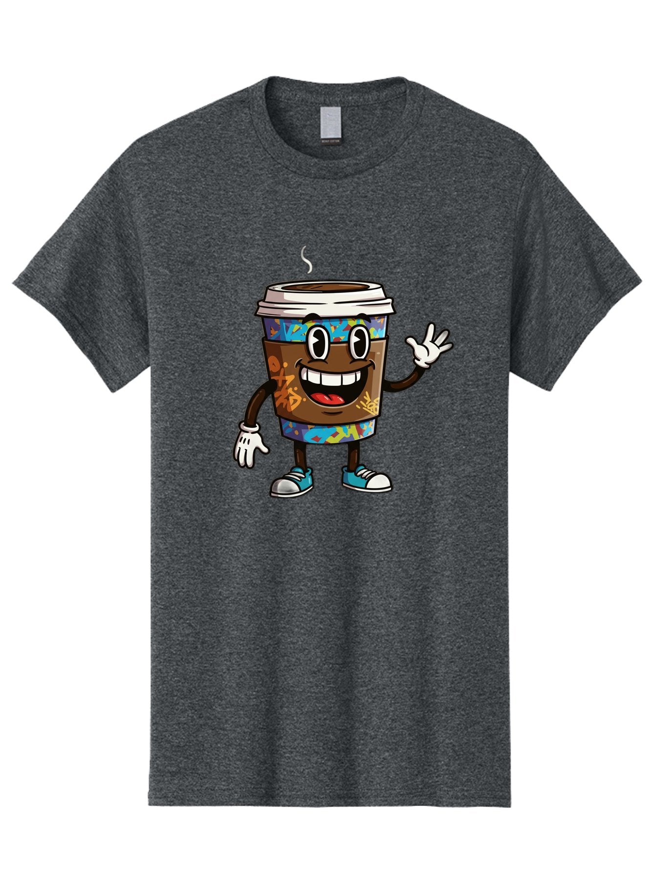 Coffee-Mug-Character Men'S Graphic Tee, 100% Cotton, Comfortable Casual Summer Wear, Machine Washable, Cartoon Personified Coffee Cup, Brown Coffee Cup Character, Smiling Coffee, Coffee Cup Mascot, Positive Vibes, Waving Coffee Cup, Baa378 13