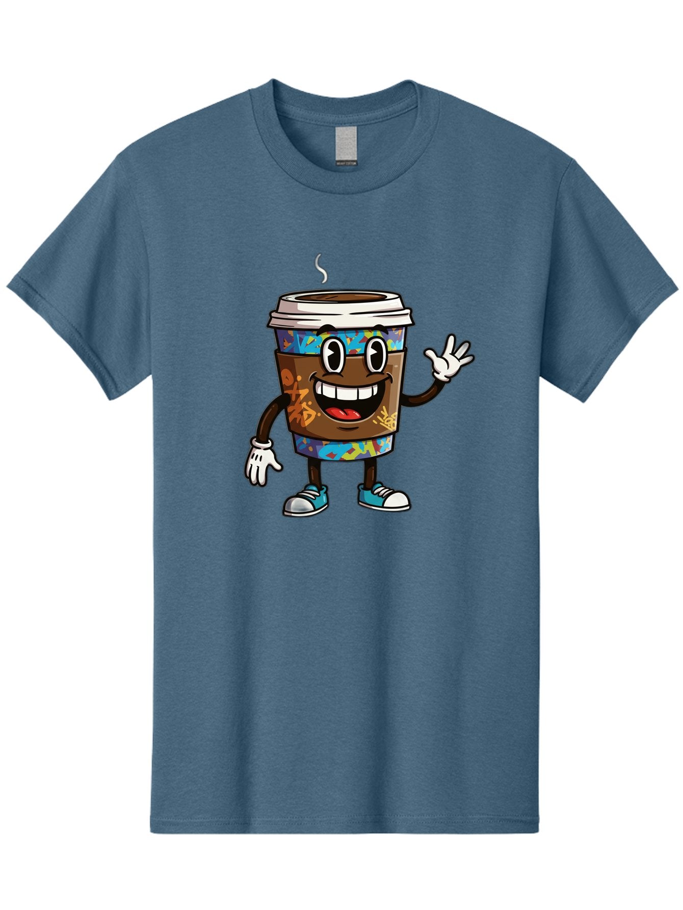 Coffee-Mug-Character Men'S Graphic Tee, 100% Cotton, Comfortable Casual Summer Wear, Machine Washable, Cartoon Personified Coffee Cup, Brown Coffee Cup Character, Smiling Coffee, Coffee Cup Mascot, Positive Vibes, Waving Coffee Cup, Baa378 4